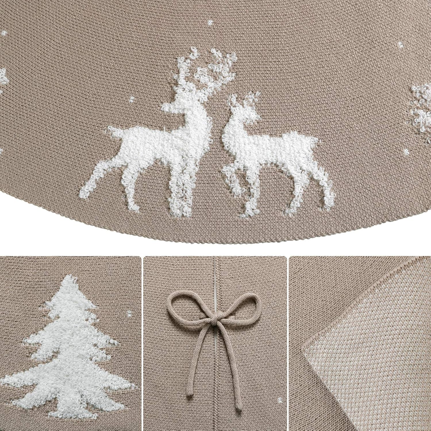 Dremisland Christmas Tree Skirt, Cable Knit Knitted Thick Rustic Tree Skirt for Xmas Holiday Decoration- 3D Elk and Christmas Tree (36Inch/90Cm, Beige) image number 1