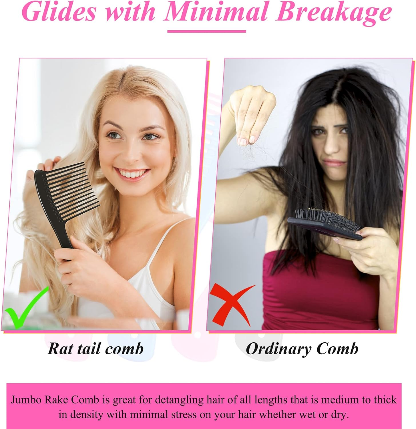 Romooa 4-Piece Wide Tooth Hair Detangler Combs, Plastic, Mixed Colors, Salon & Home Use, Adults & Kids image number 2