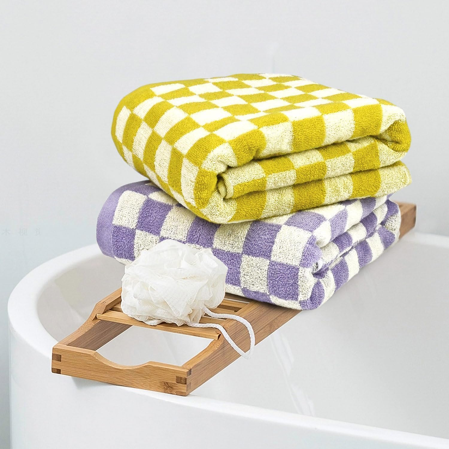 Jacquotha Checkered Bath Towel Set in Yellow and Lilac, Soft Decorative Towels for Bathroom Spa Beach, Large Shower Towels 2 Pack 55&rdquo; X 27.5&rdquo; image number 2