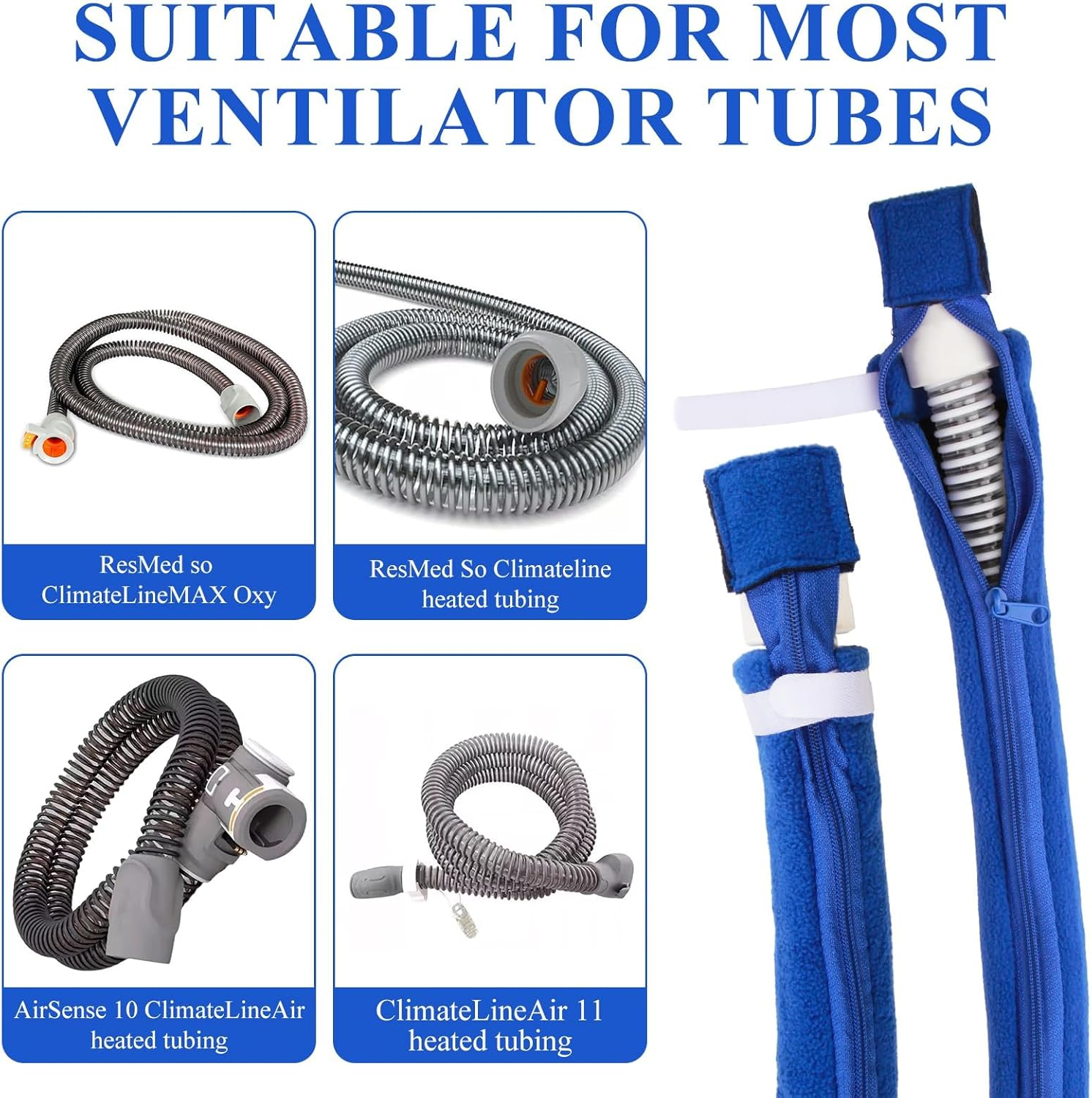 6.3Ft C P a P Hose Cover for Resmed Climatelineair Airsense 10 & 11, Cat Proof CPAP Tube Cover, Full Zippered Insulator Wrap Prevent Rainouts C P a P Hose Cover (Blue) image number 3