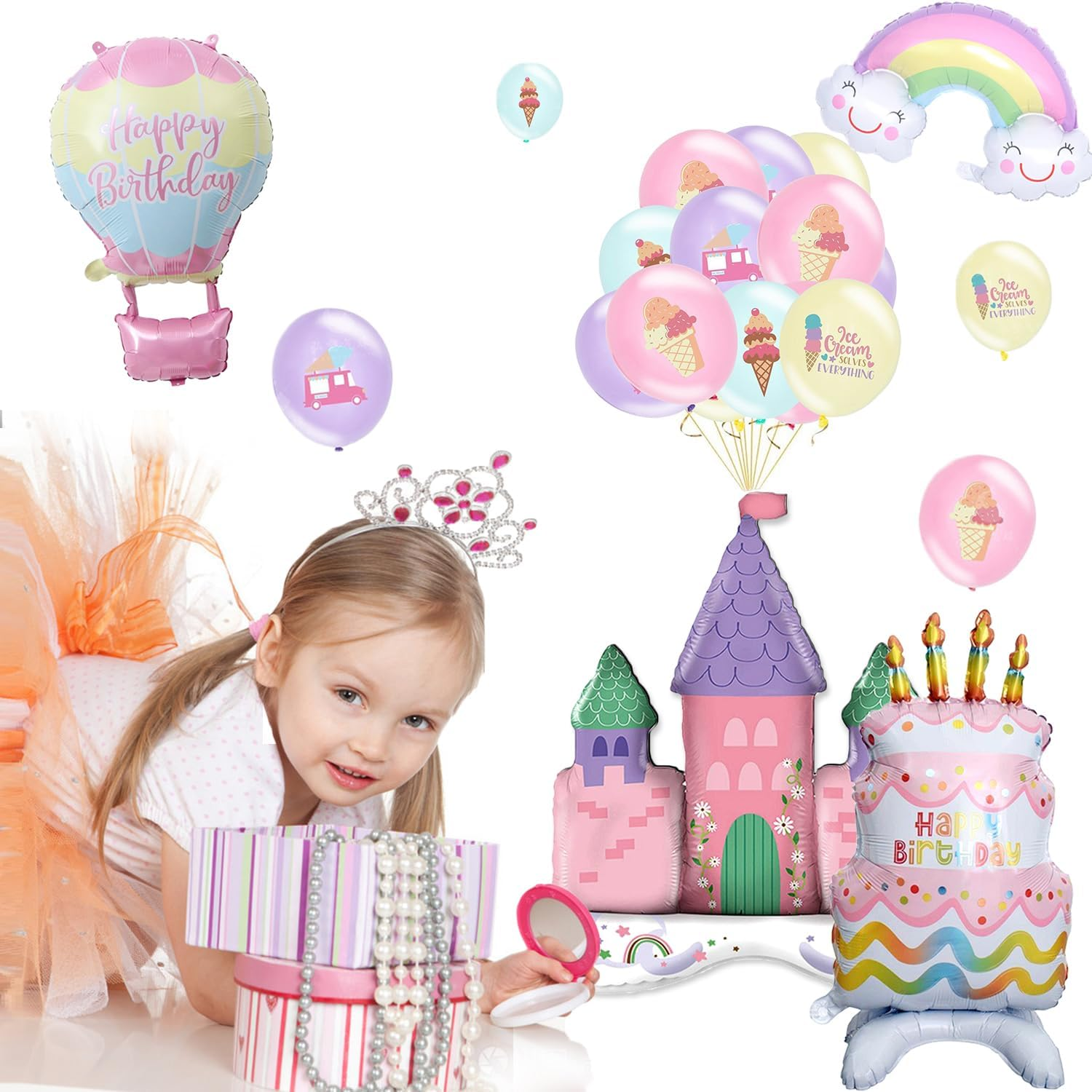 24Pcs Princess Castle Standing Foil Balloon Rainbow Cloud Smile Balloon for Girl Birthday Party Decoration Princess Foil Balloon image number 3