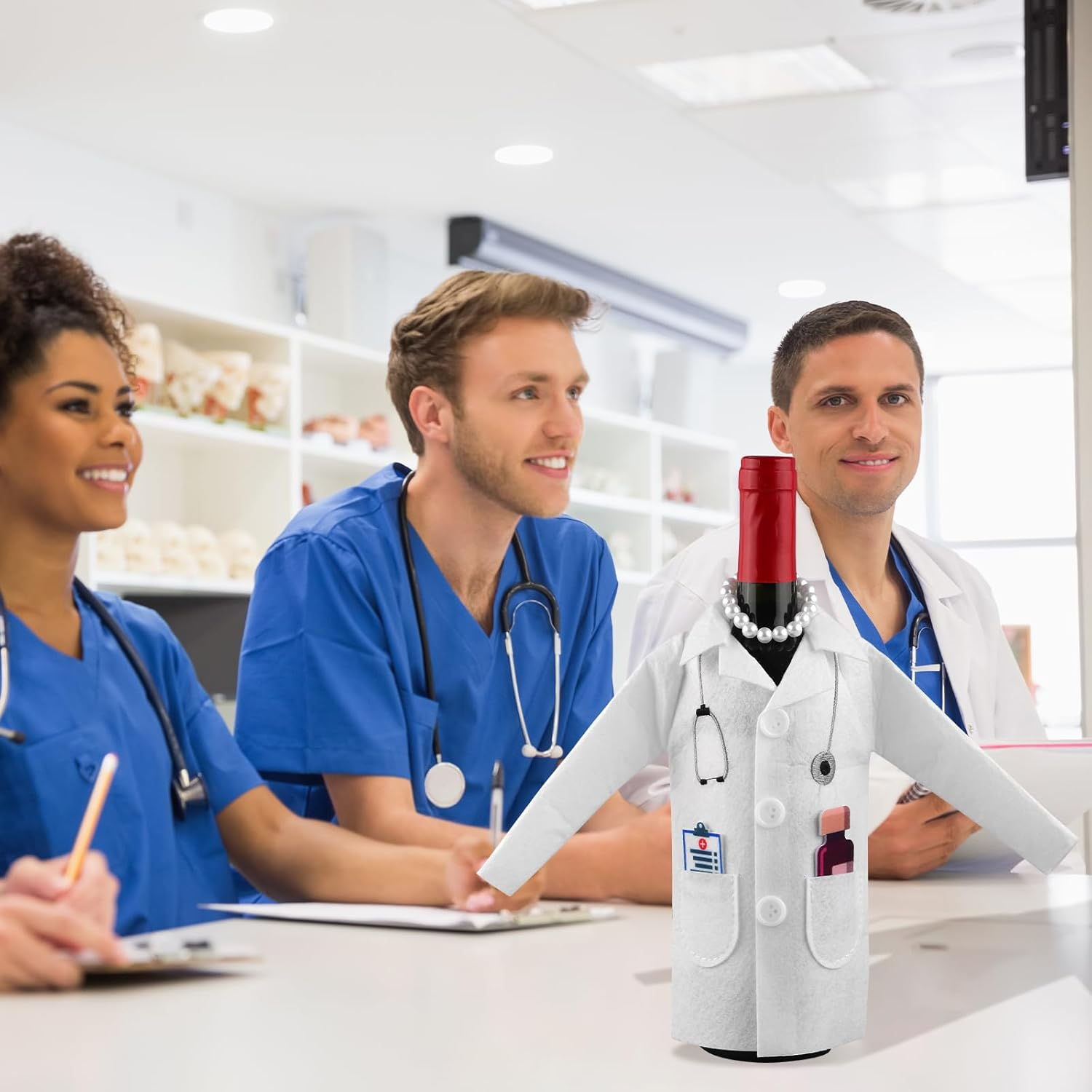 White Coat Wine Bag, Felt Nurse White Jacket Wine Bottle Cover with Syringe Chain Thermometer Funny Wine Packing Clothing Cover Nurse Practice Gifts for Men Women Graduation, Bronze image number 2