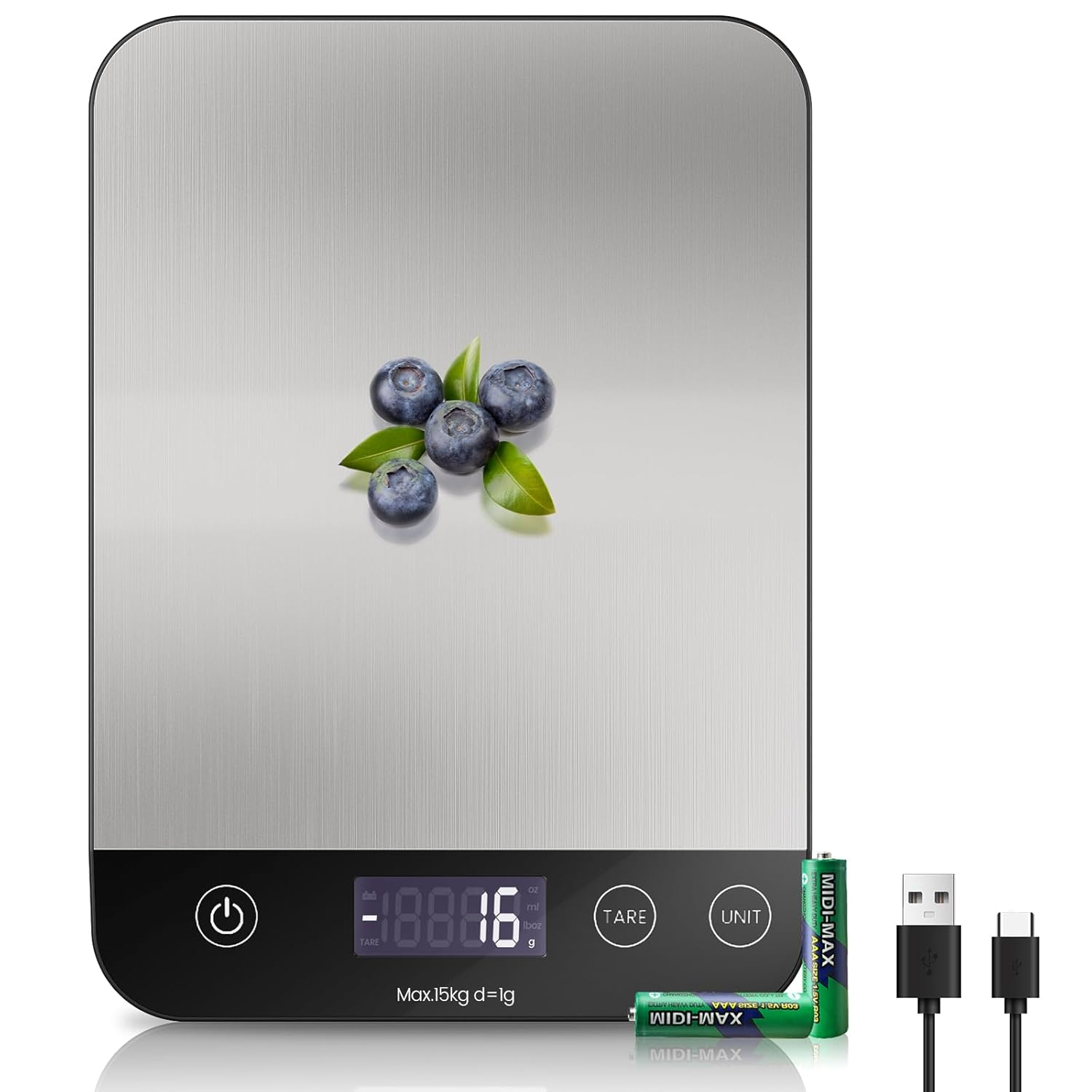 【15Kg/33Lb & USB Rechargeable】 Digital Kitchen Food Scale Kitchen Scale, Stainless Steel Digital Weight Grams and Oz, Baking and Cooking, 1G/0.1Oz Precise, 6 Weight Units (A)