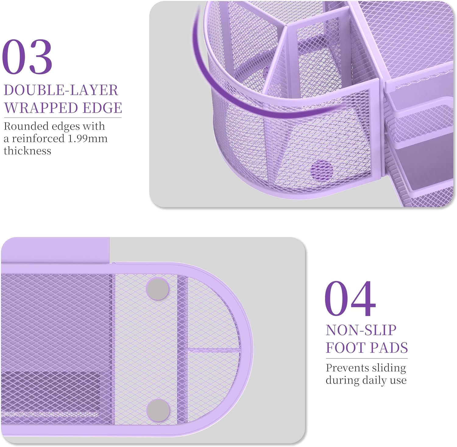 SUPEASY Mesh Desk Organizer, Desk Organizers and Accessories, Pen Holder with Drawers, Pencil Holder for Desk with 2 Drawer for Office Supplies, Purple image number 3