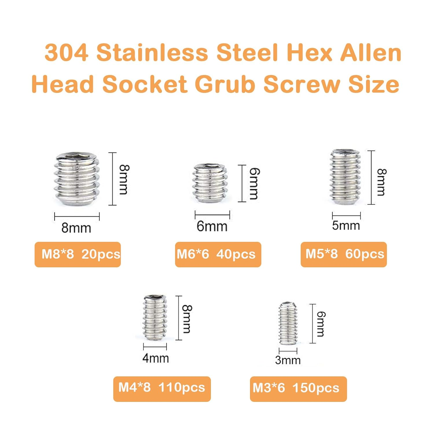 Ymaiss 380Pcs 304 Stainless Steel Hex Allen Head Socket Set Screws Grub Screw Bolts Assortment Kit Internal Hex Drive Cup-Point Set Screws 5 Sizes M3 M4 M5 M6 M8 image number 1