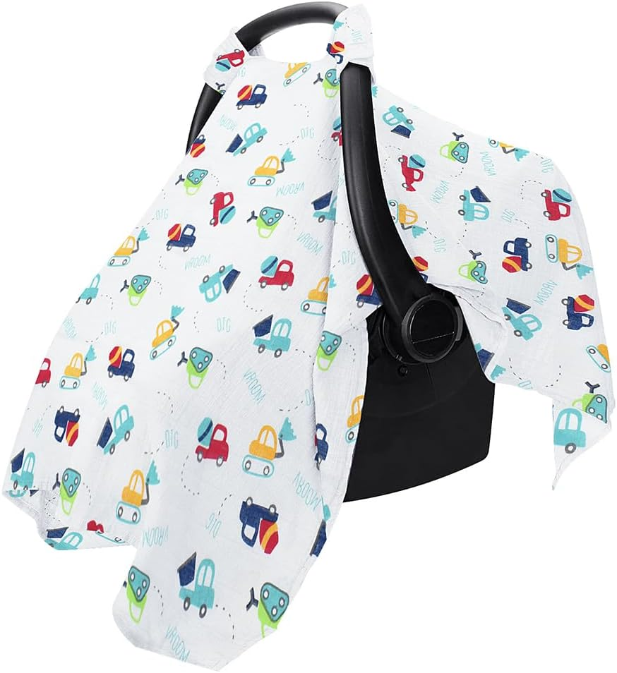 AIMALL 2-Pack Baby Muslin Cotton Push Car Seat Cover, Breathable Windproof Dustproof Infant Carriage Cover with Cartoon Prints, 44.9In X 35.4In, Universal Fit for Baby Carriers