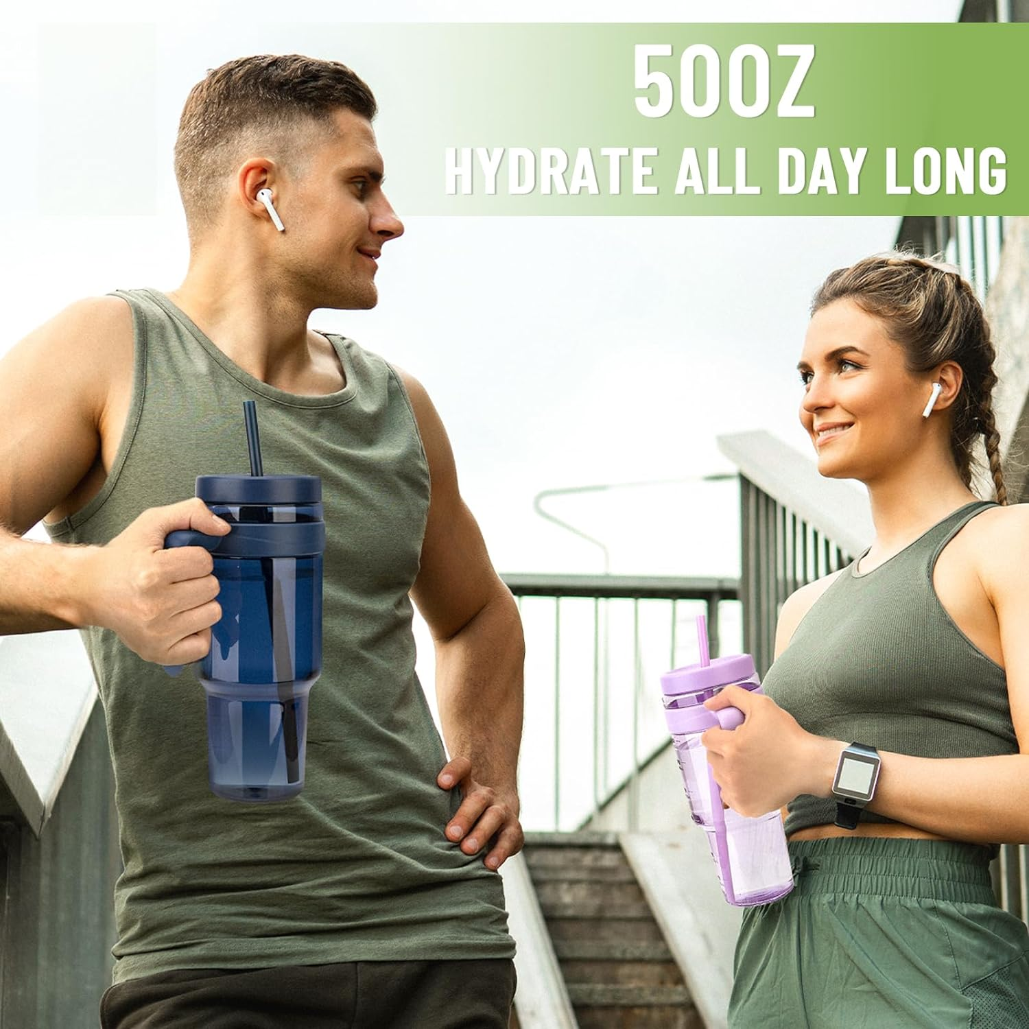 Cafezi 1.5L / 50Oz Reusable Tumbler with Straw & Lid, Bpa-Free Leakproof Tritan Drink Bottle with Time Markers, Wide Mouth Smoothie & Iced Coffee Cup &ndash; Ideal for Gym, Office, Camping & Travel image number 3