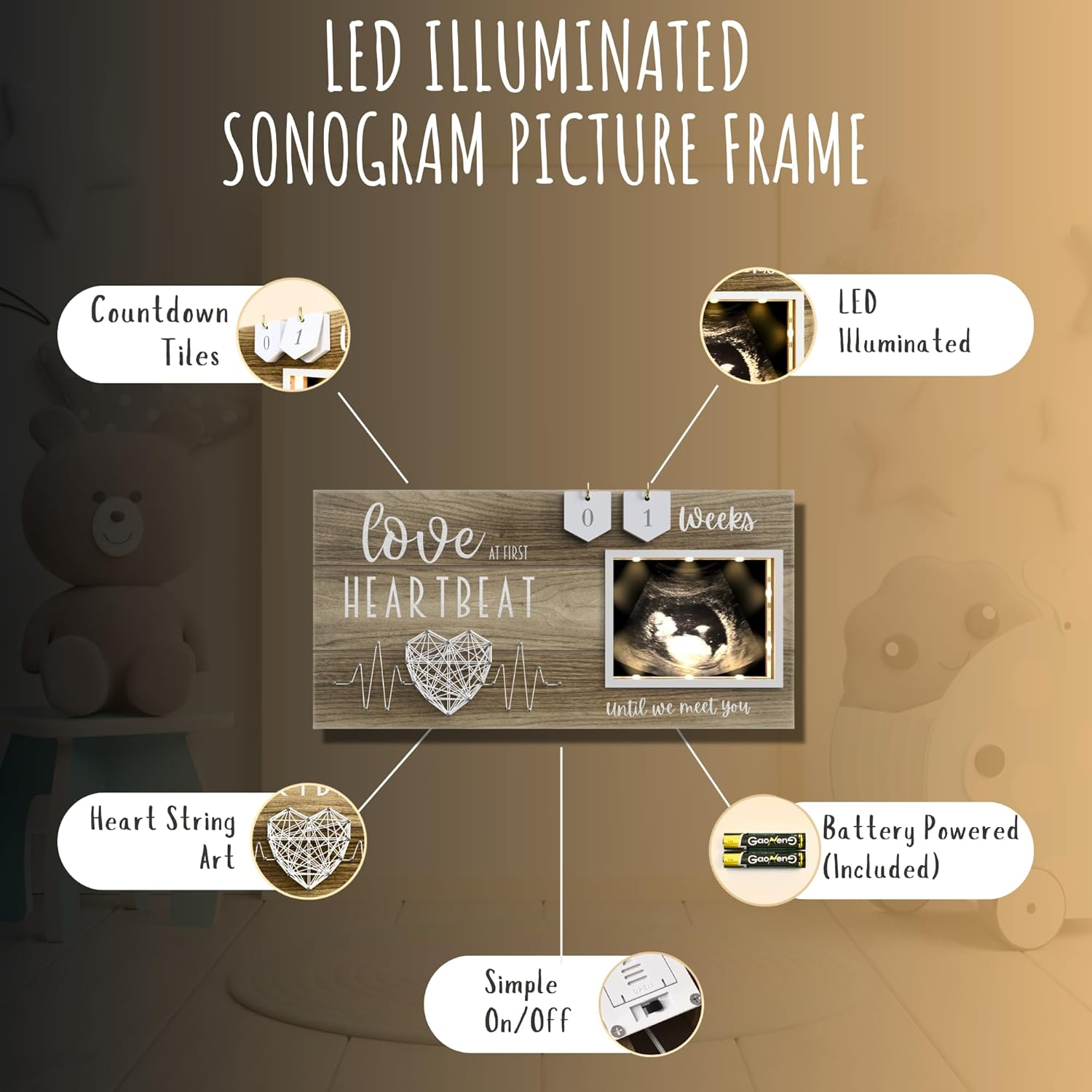 LED Illuminated Baby Sonogram Picture Frame - Countdown Weeks Feature, 4"X3" Ultrasound Photo for Pregnancy Announcements, Gender Reveal, Baby-Shower, New Mom Gifts, Keepsake for Expecting Parents image number 1