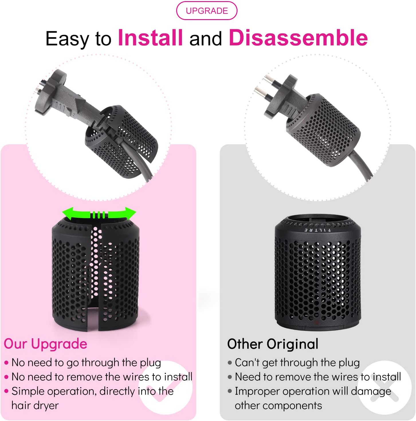 Hair Dryer Inner Filter + Outer Filter Cage Replacement for Dyson Hair Dryer HD01 HD03 HD08 Models, Hair Dryer Filter Mesh Filter Cover Cap Protect Attachments Easy Disassembly (Black) image number 5