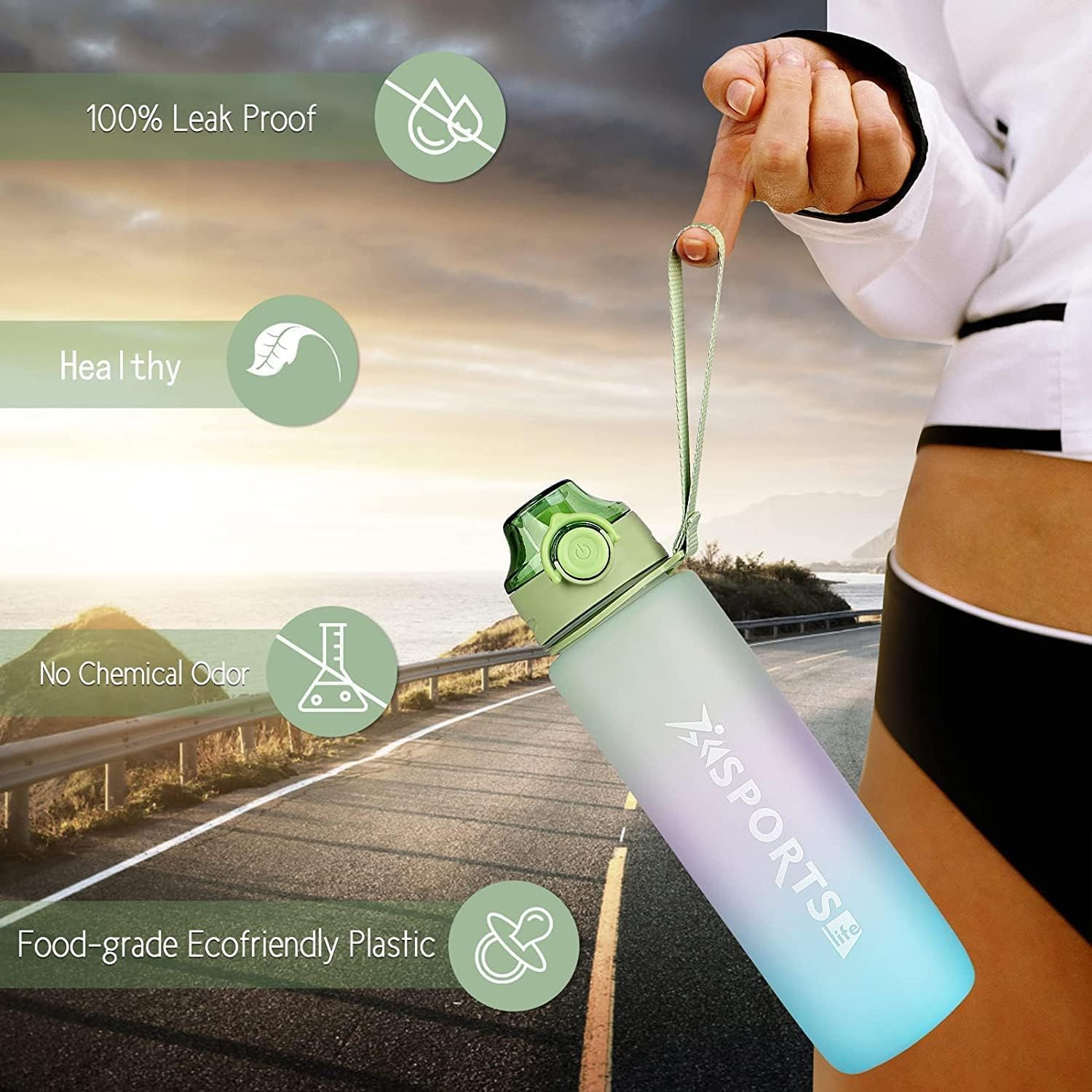 Peacafulife 1Litre Water Bottle Sport Drinks Bottle 1L Water Bottle with Lock Cover & Leak Proof,For Gym, School,Cycling,Outdoor,Sports,Fitness& Office (Green) image number 3