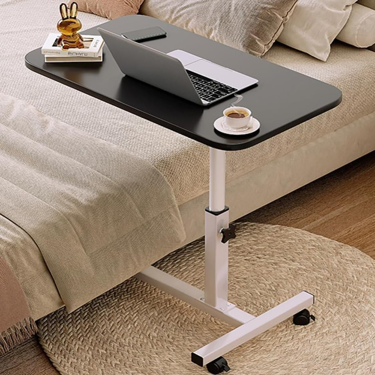 Mobile Overbed Table with Wheels, Height Adjustable Laptop Table with Shelf, Portable Rotate 360 ​​Degrees Home Office Desk Computer Standing Desk Cart with Tray for Work Study Reading (Black) image number 3