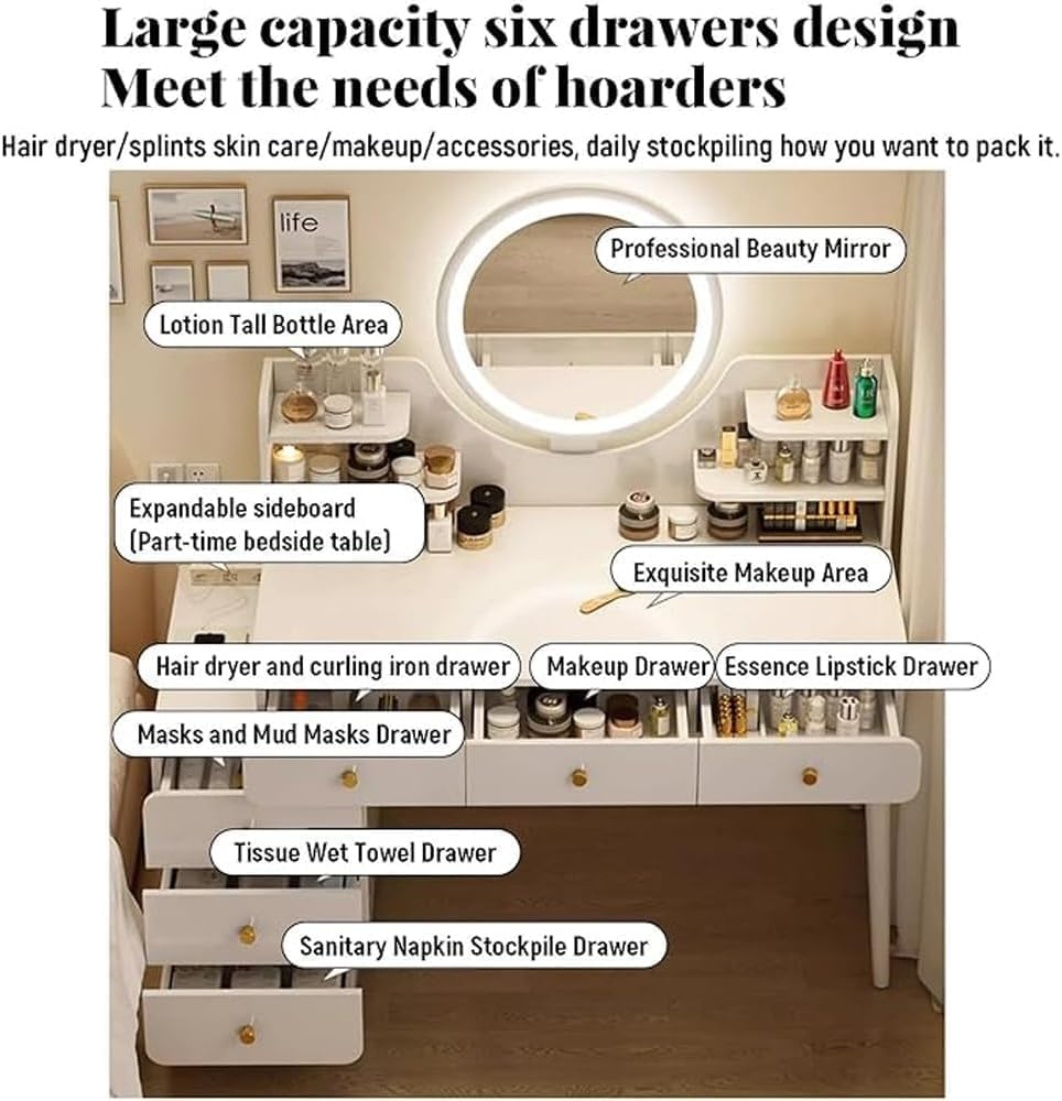 Uandhome Dressing Table,Modern Minimalist Dressing Table for Bedroom with LED Mirror and Drawer Storage,Vanity Table for Bedroom(100-115 * 40 * 135Cm)-White