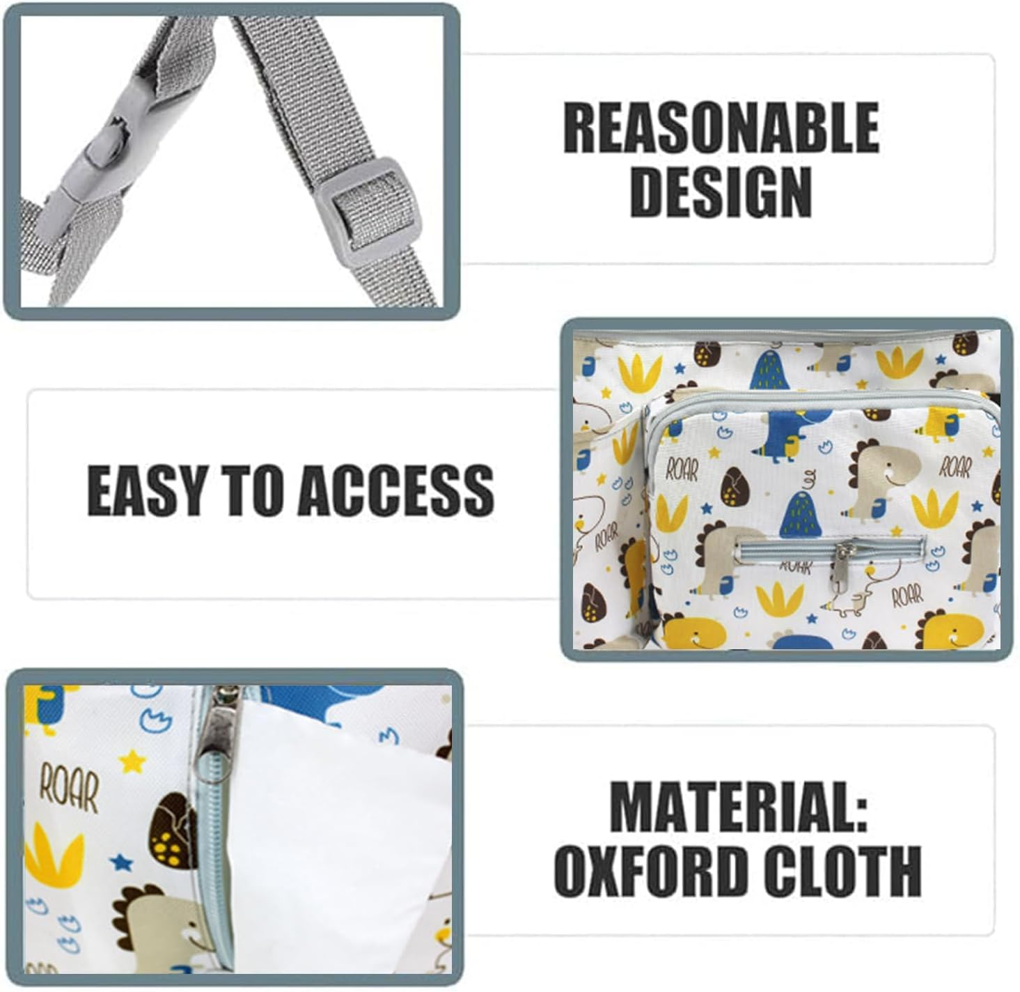 Baby Stroller Hanging Organiser Bag 12.2X7.8X5.9In Large Capacity Universal Waterproof Multi Pocket Diaper Storage with Tissue Dispenser Compact Design Universal Fit for Prams & Buggie(Dinosaur) image number 3