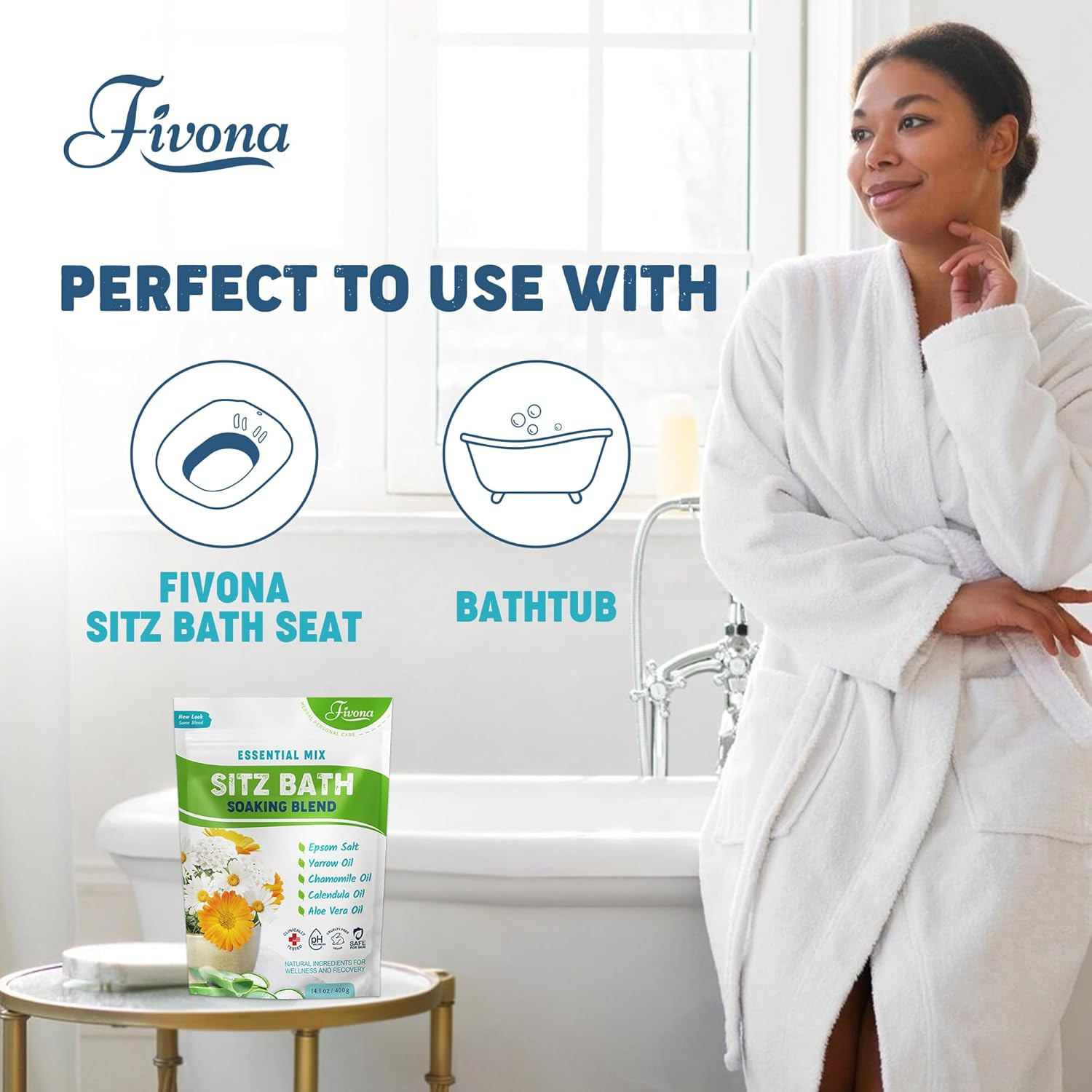 Fivona All Natural Sitz Bath Soaking Blend - Epsom Salt with Pure Essentials Oils - for Hemorrhoid, Fissure, Postpartum Care, Bartholin Cyst Treatment - Essential Mix for Self Care - 14.1 Ounces image number 3