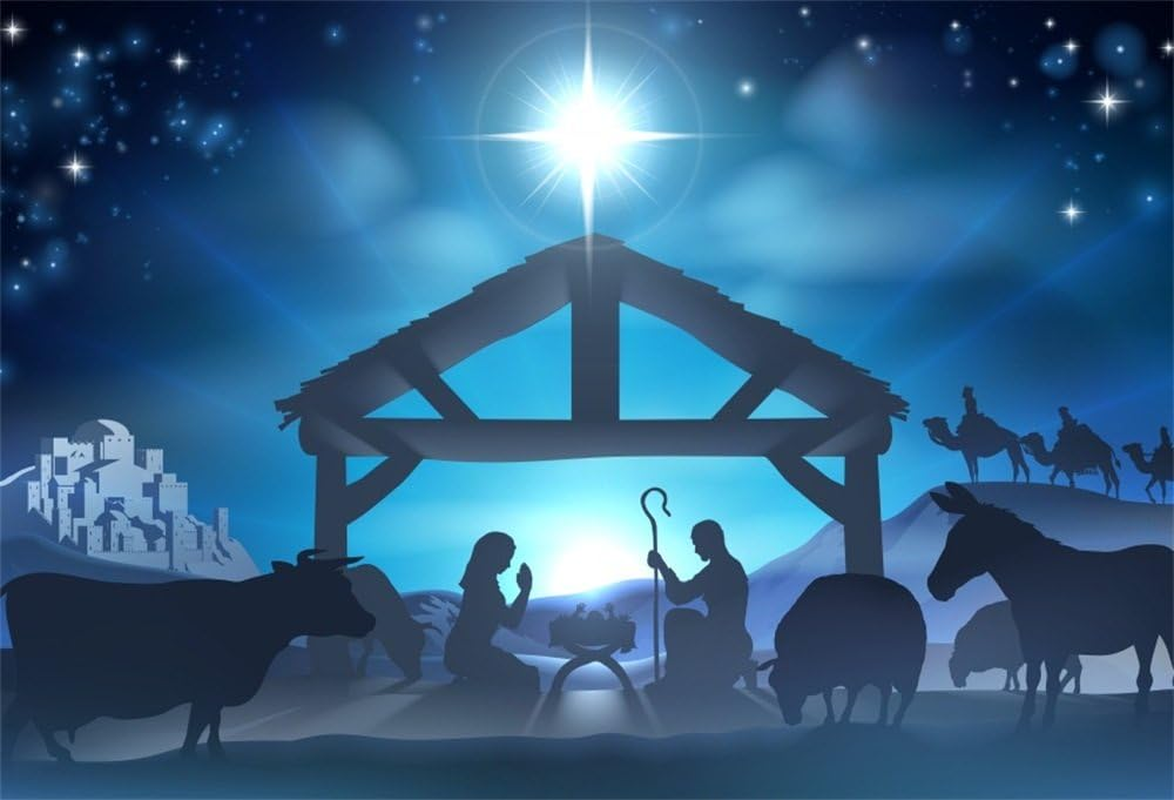 10X8Ft Birth of Jesus Backdrop Christmas Night Manger Nativity Scene Silhouette Background Farm Barn Stable Christianity Photography Prop Studio Photo Booth Props