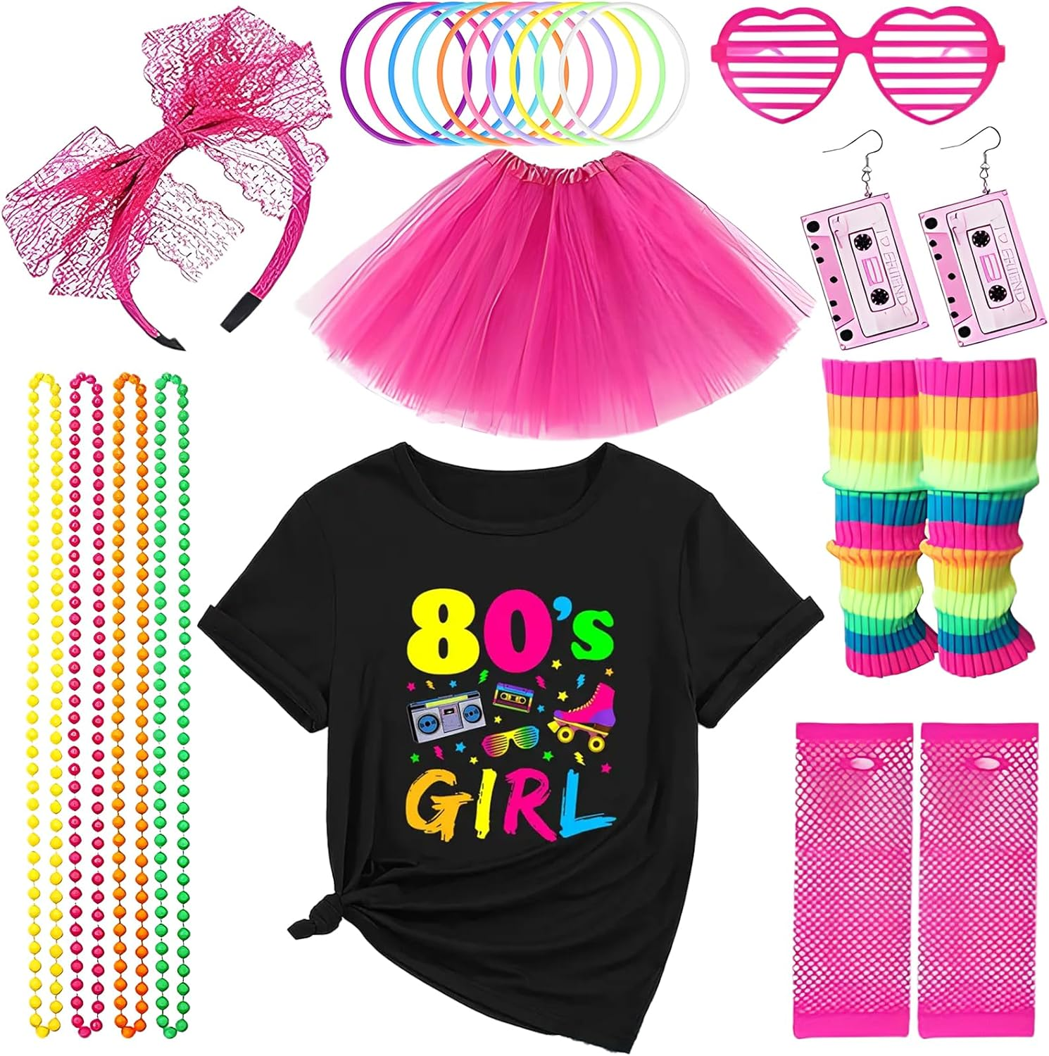 21PCS 80S Girl'S Clothing and Accessory Set, T - Shirt Printed with Elements, 80S Party Accessories Including Pink Bead Chain, Lace Headband, Bracelets, Retro Sunglasses, Etc. 1980S Themed Party image number 2