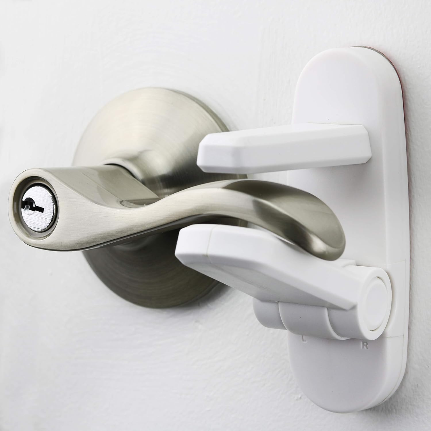Improved Childproof Door Lever Lock 4-Pack Prevents Toddlers from Opening Doors. Easy One Hand Operation for Adults. Durable ABS with 3M Adhesive Backing. Simple Install, No Tools Needed (White, 4)