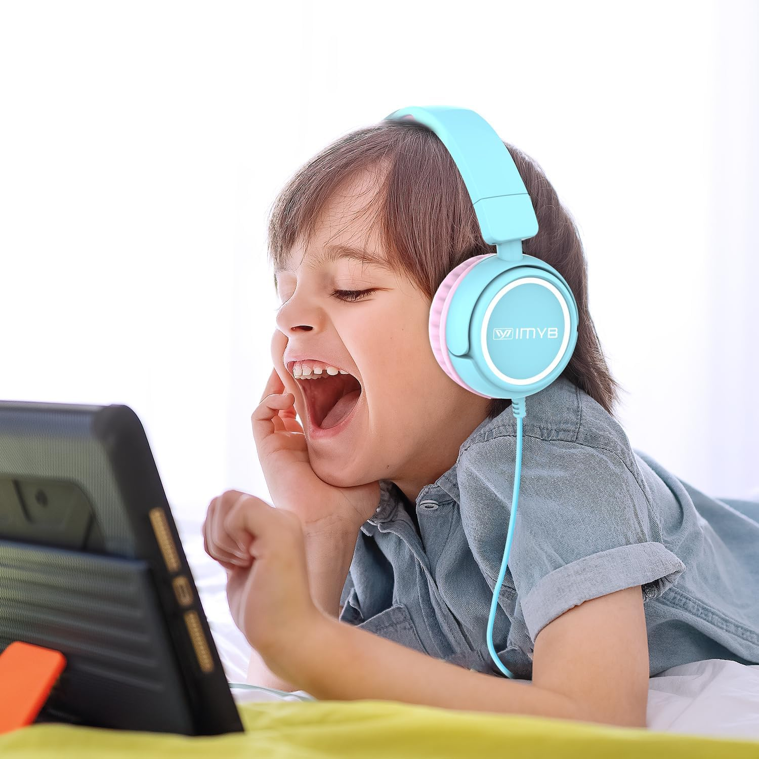 IMYB Children'S Headphones, Headphones for Children with Cable, Foldable, Stereo Sound, Safe Volume Limit, 3.5 Mm Jack, over Ear Children'S Headphones for School, Boys, Girls, Tablet, PC, Light Blue image number 2