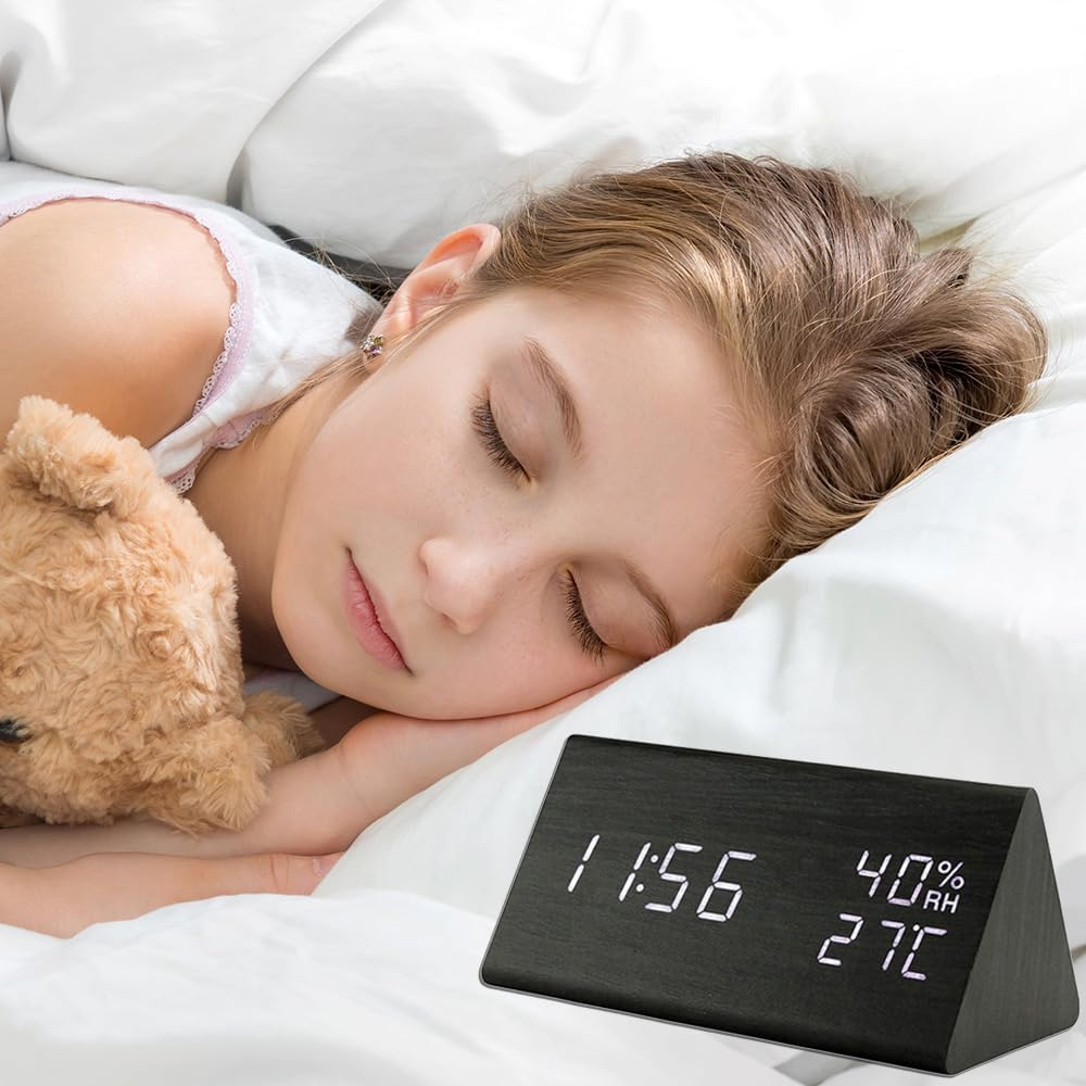 Lancoon Wooden Alarm Clock, Time Date Temperature and Humidity Display 12/24H Sound Activation 3 Alarm Settings Adjustable Brightness for Home Bedroom Office Travel image number 2