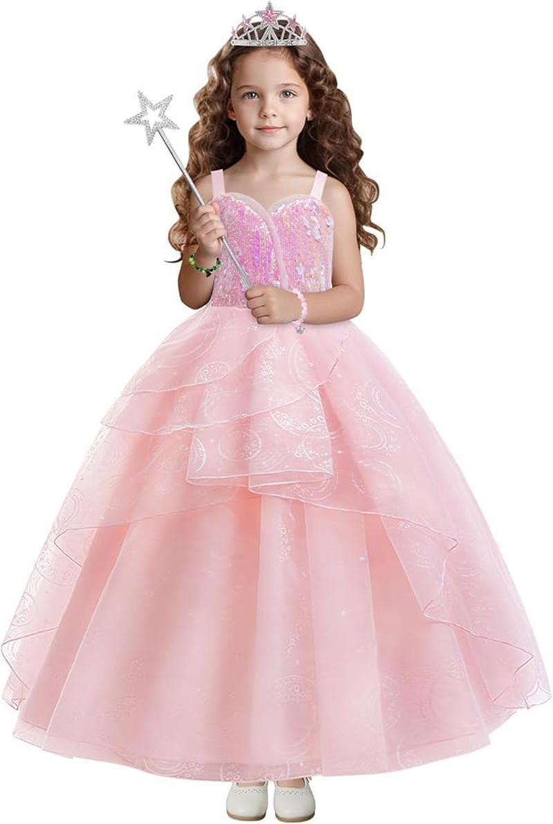 Slowton Girls Princess Costume - Girls Good Witch Glinda Costume Dress up Set Fashion Kids for Christmas Birthday Party Halloween Cosplay Outfits image number 5