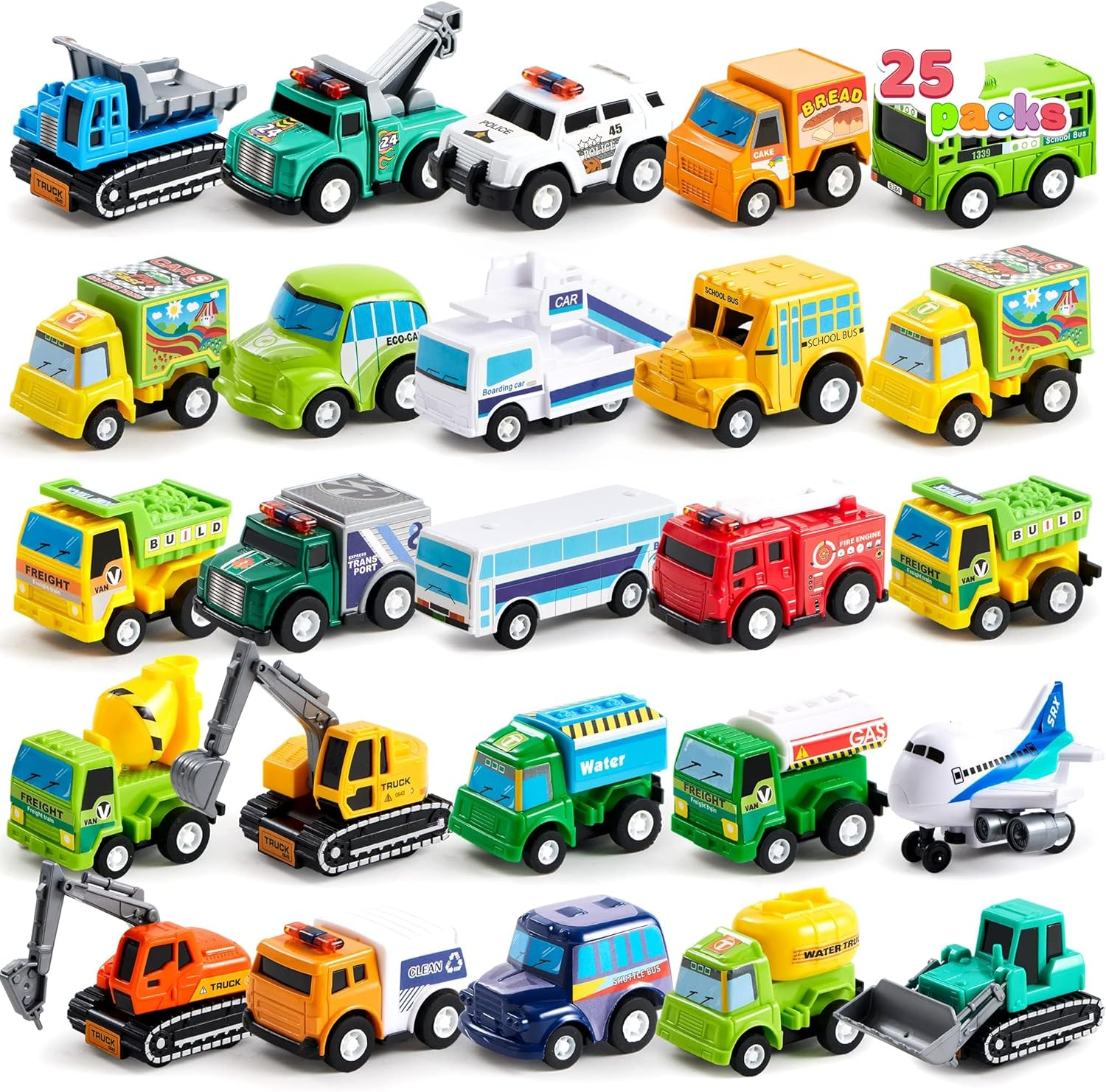 JOYIN 25 Pieces Pull Back Cars and Trucks Toy Vehicles Set for Toddlers, Girls and Boys Kids Play Set, Die-Cast Car Set, Kids Party Favors, Stocking Stuffers, Kids Presents Toys