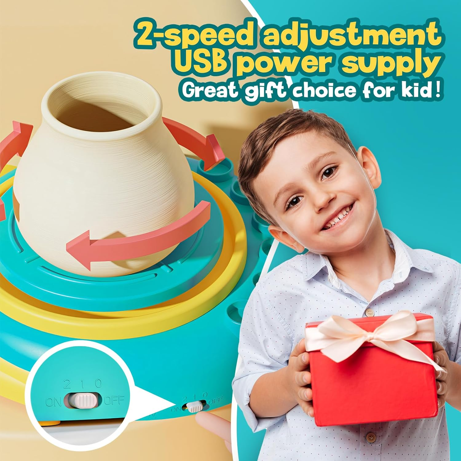 Skirfy Pottery Wheel for Kids, Kids Toys, Painting Kit-Clay Sculpting Tools, Birthday Gift Boys Girls Toy, DIY Kits Clay Maker for Beginners with 6 Packs Clays, Art&Crafts Kits for Kids Ages 8-12