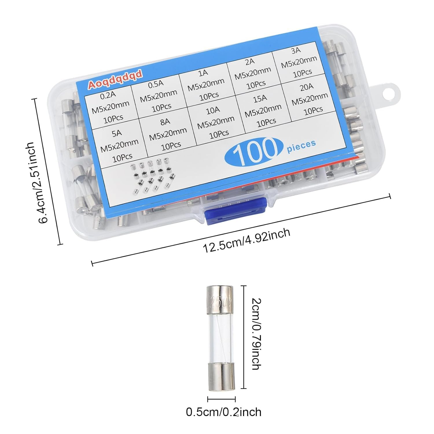 Lyfengdeam Glass Quick Fast Blow Fuse Kit, 100 Pcs Fast Blow Glass Fuses Assortment Kit250V 0.2A 0.5A 1A 2A 3A 5A 6A 8A 10A 15A Tube Fuses Mini Fuse, 5X20Mm Fuse, Packag in a Clear Plastic Box