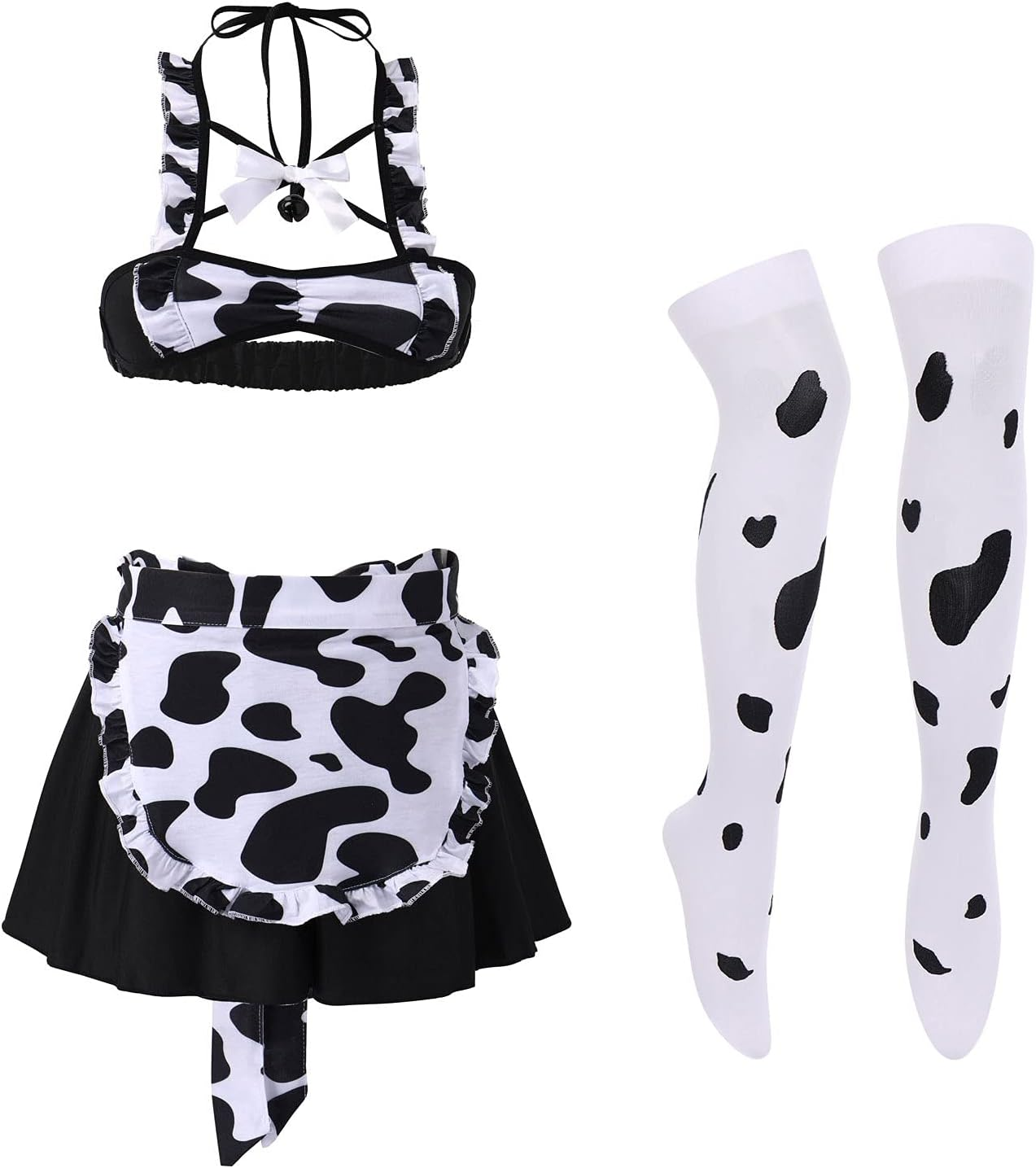 FYMNSI Women Sexy Milk Cow Lingerie Set Anime Maid Cosplay Costume Mini Bikini Bra Bodysuit with Bell Choker Stockings Outfit