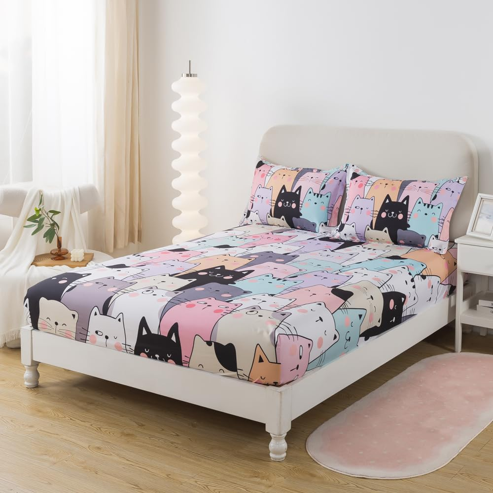 ADASMILE a & S Kids Bedding Cartoon Cat Sheet Set Queen Size for Girls Teens 4 Pieces Kawaii Cat Animal Bed Sets with Kitten Fitted Sheet 1 Flat Sheet 2 Pillowcases All Season Bedroom Decor image number 3