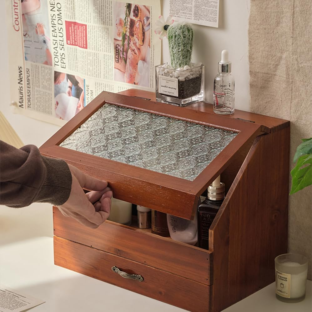 2 Tier Countertop Display Cabinet,Vintage Tabletop Organizer with Drawer Glass Top Compartment,Cosmetic Display Case with Drawer,Waterproof and Dustproof Transparent Cover,Wooden Desktop Storage Box image number 2