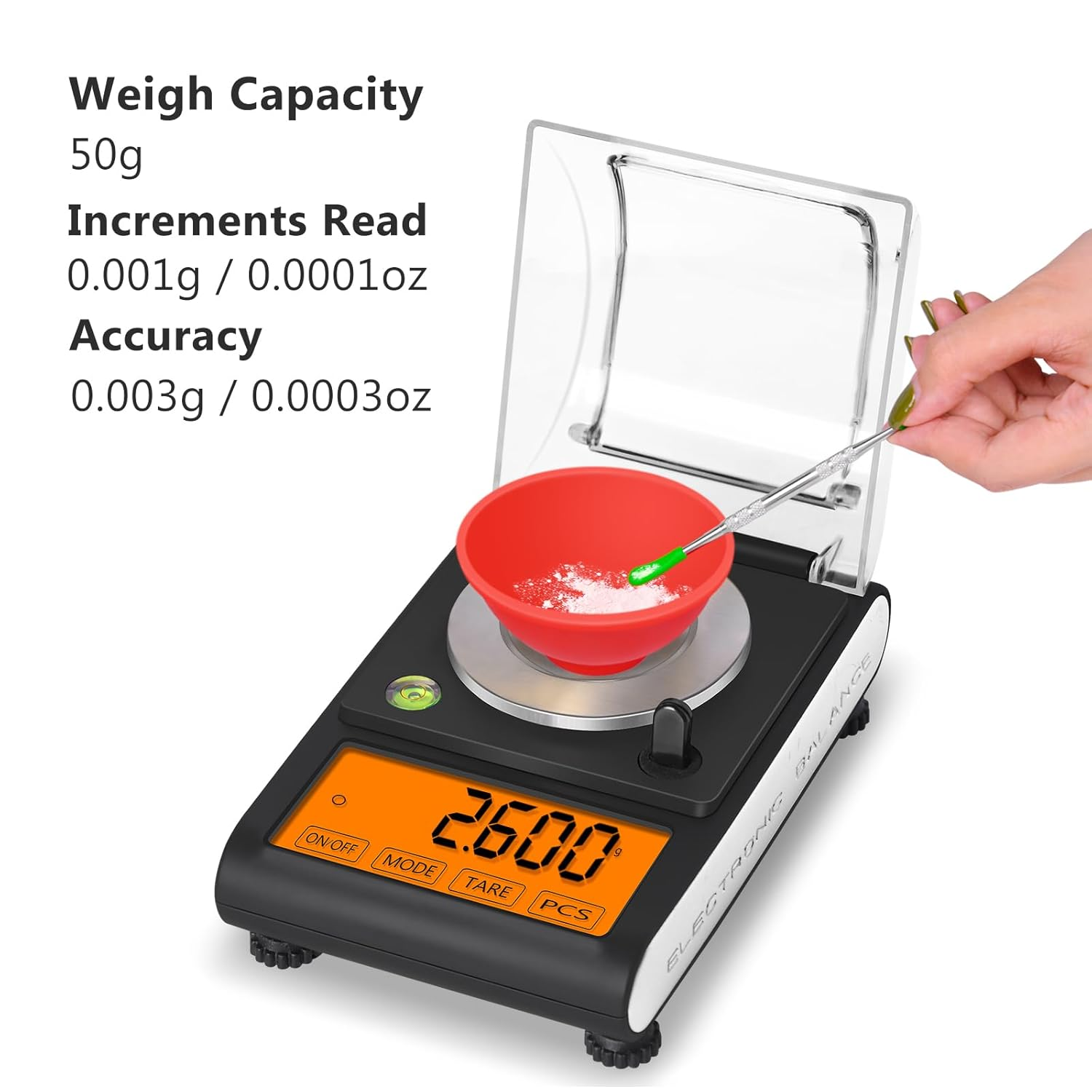 Fuzion Milligram Scale 50G/0.001G, Digital Mg Scale with Calibration Weights, Jewelry Scale with Tweezers, Spoon, Bowl, Brush, Micro Scale for Powder, Gold, Herb, Large Display image number 6