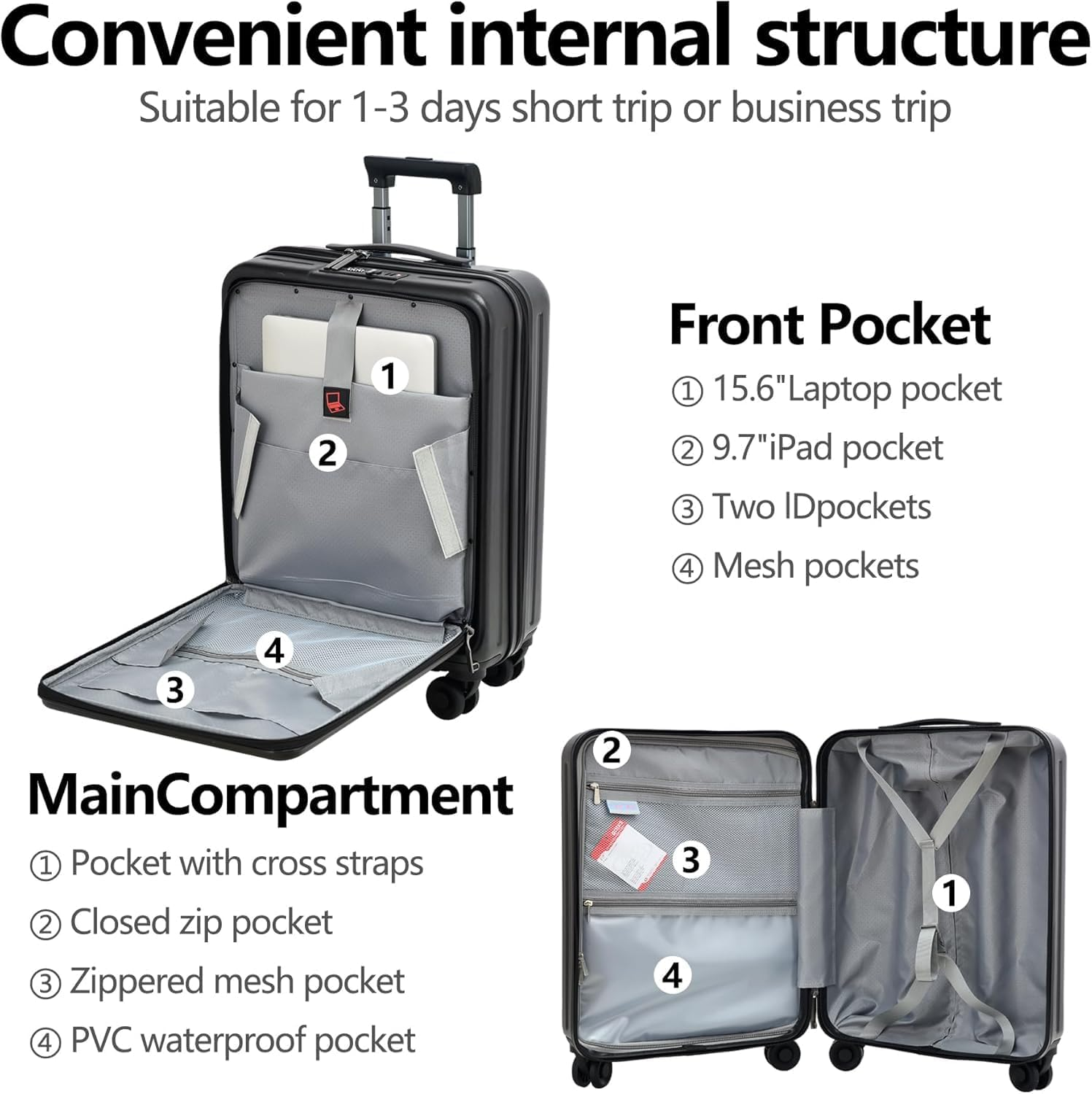 Tydeckare ABS+PC Luggage Set 2028 Inch Lightweight Spinner Wheels., Black, 3-Piece Set (20/24/28), Fashion image number 6