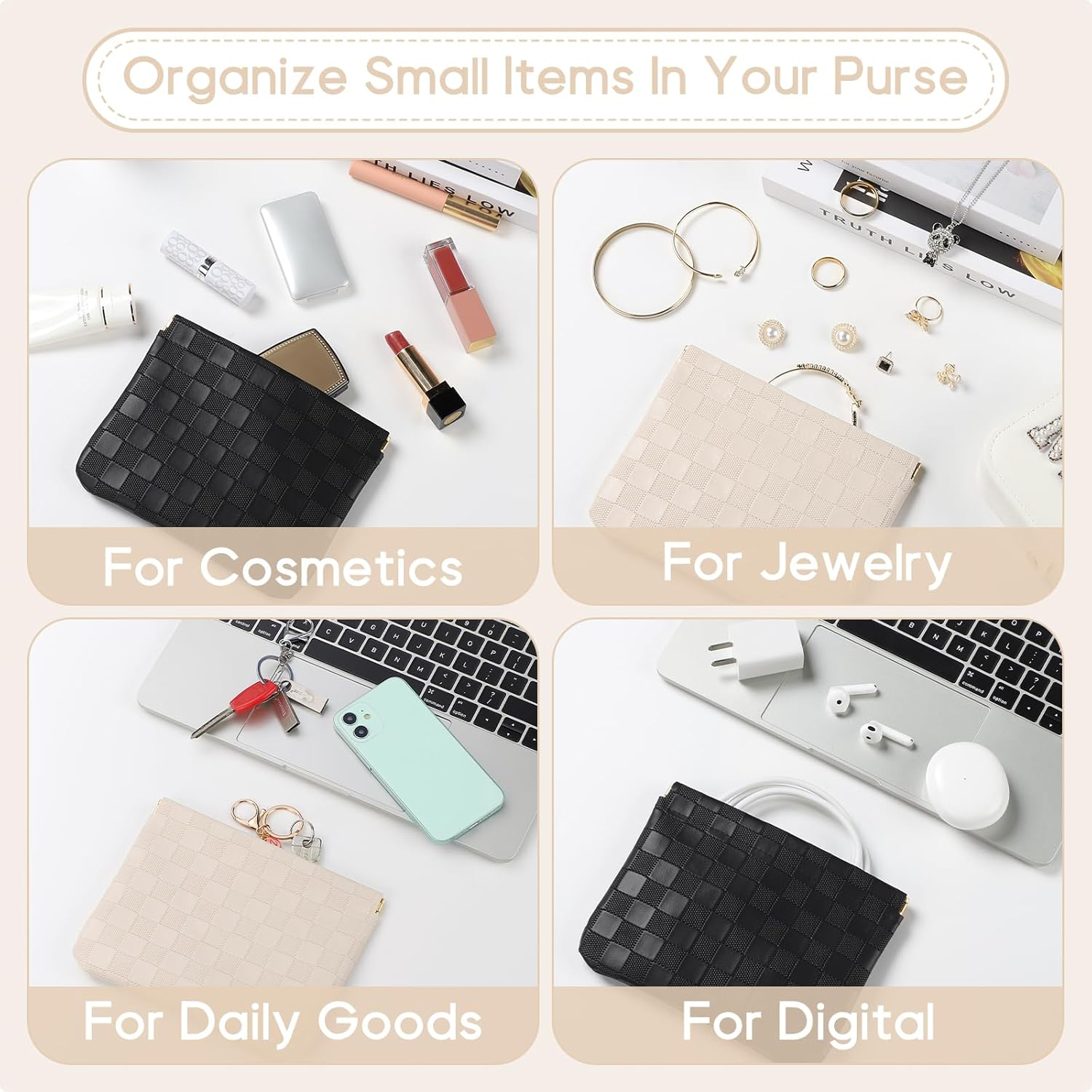 Sightor 2PCS Pocket Cosmetic Bag for Purse, Checkered Makeup Bag Portable Leather Cosmetic Bag for Women, Coin Purse Lipstick Cosmetic Accessories Organizer Travel Cosmetic Pouch, Black, Beige, L, - Black, White image number 6