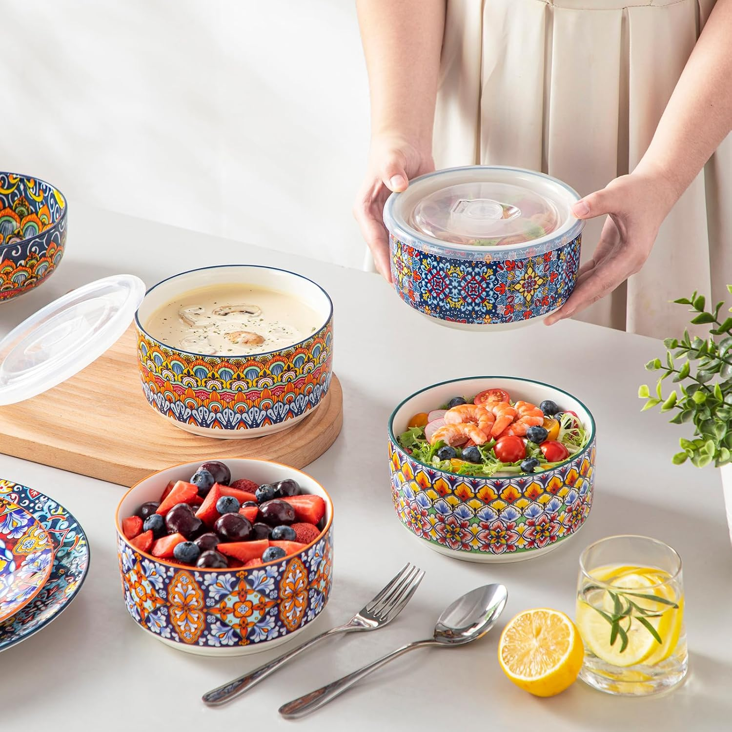 Vancasso 36 Oz Ceramic Bowls with Lids Set of 4, 6 Inch Food Storage Containers & Prep Bowls for Leftovers, Soup, Cereal, Meal Prep, Office Lunch, Microwave & Dishwasher Safe, Series SIMI image number 2