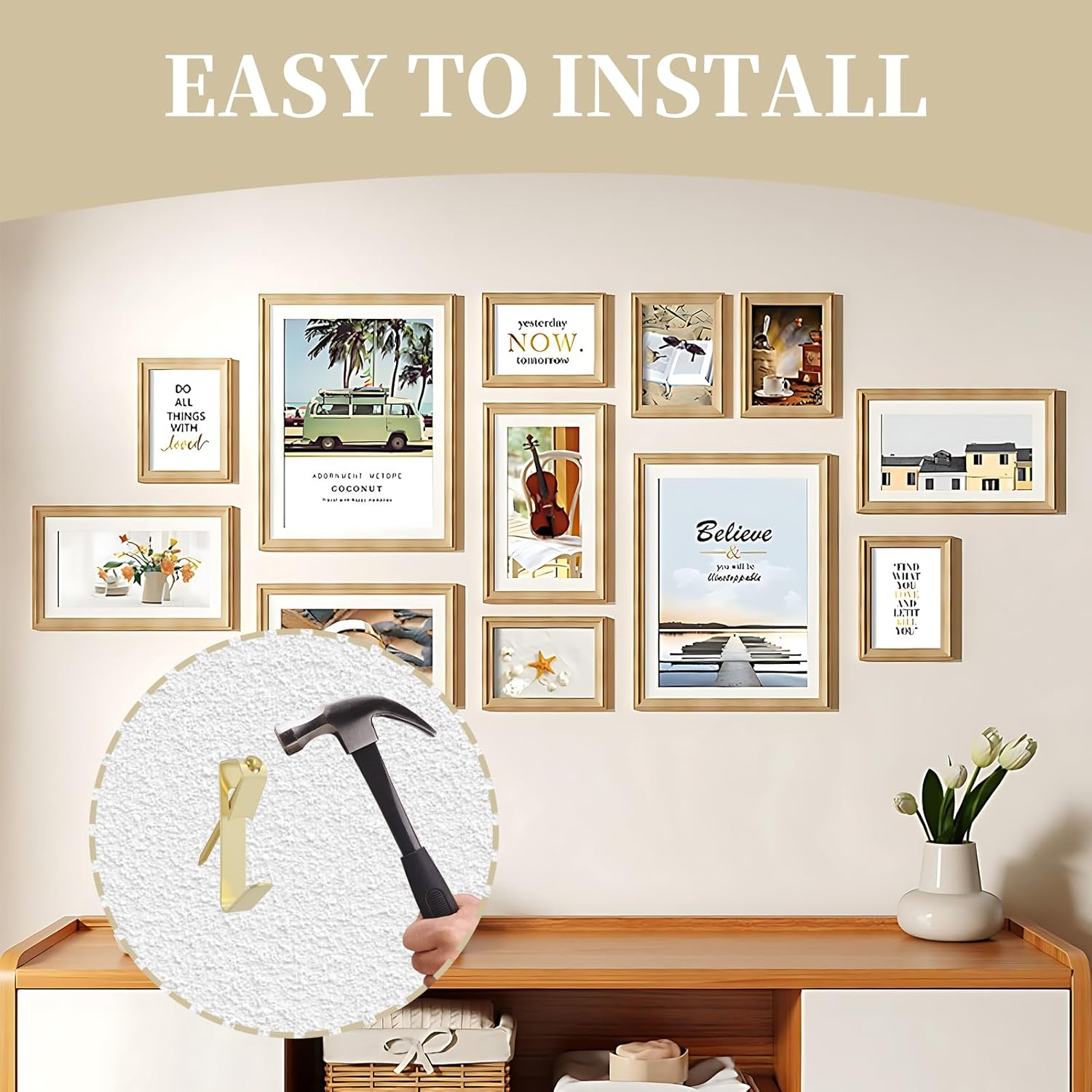 100 Pcs Picture Hanging Kit, Golden Wall Hooks with Nails, Heavy Duty Photo Frame Hangers for Drywall & Wooden Walls Includes 30LB & 50LB Hooks Minimal Damage image number 3