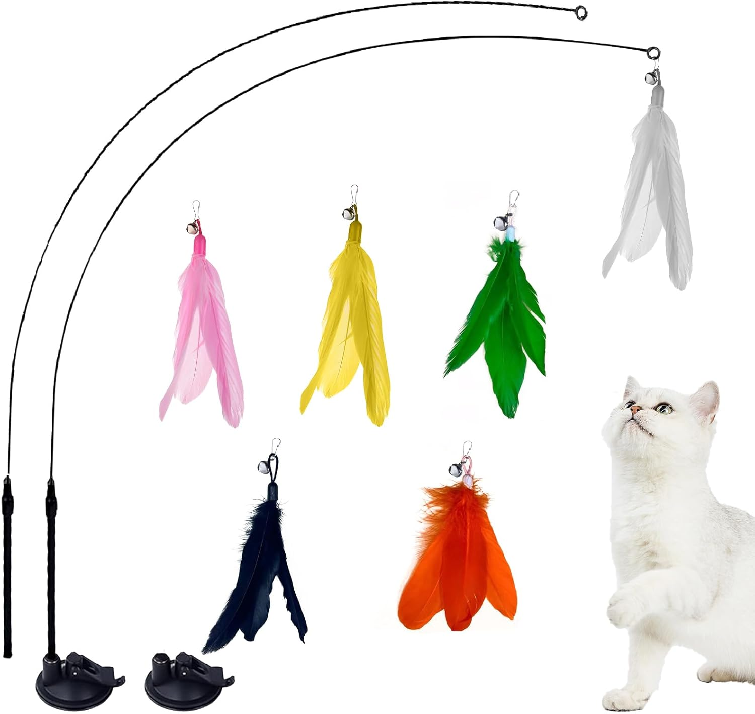 LELE LIFE 2 X Interactive Cat Toy Stick, Removable Cat Toy, Self Game with Strong Suction Cup, Automatic Kitten Toy with 6 Pieces Cat Feather Toy Bells, Refills image number 3