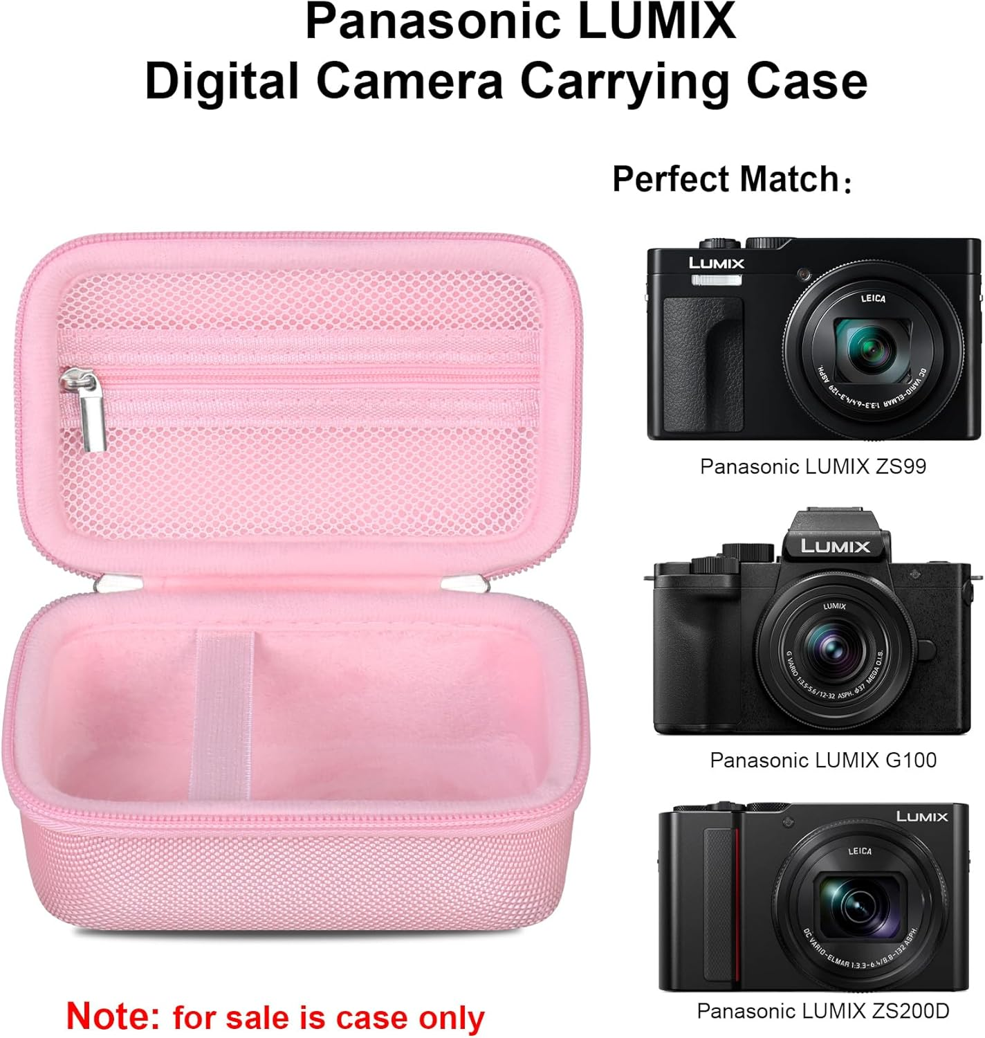 Elonbo Carrying Case for Panasonic Lumix DC-TZ99/ZS99/ LX10/ ZS60/ ZS70/ ZS80/ ZS200/ ZS100 4K Digital Camera, Vlogging Camera Travel Bag Storage Cover, Mesh Pocket Fits Battery Charger. Pink - Blue image number 6