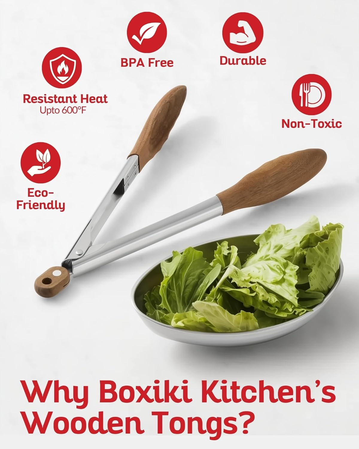 Boxiki Kitchen Tongs for Cooking with Wooden Tips - Wooden Tongs Ideal for BBQ, Salad, Toaster, Bread & Pickles - Made of Natural Walnut Wood, Size 12 Inch image number 2