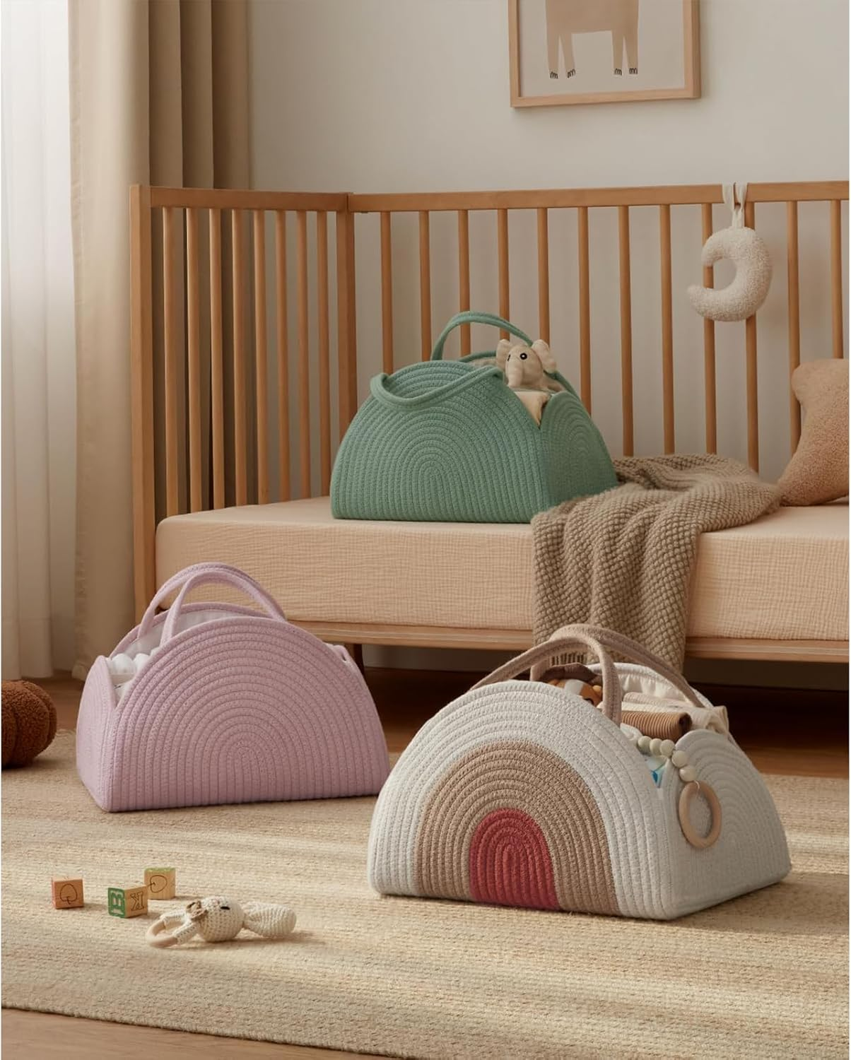 Baby Diaper Caddy Organizer, Cotton Rope Nursery Storage Basket, Large Baby Shower Caddy for Newborn Boys and Girls, Baby Shower List, Earthy Rainbow image number 2