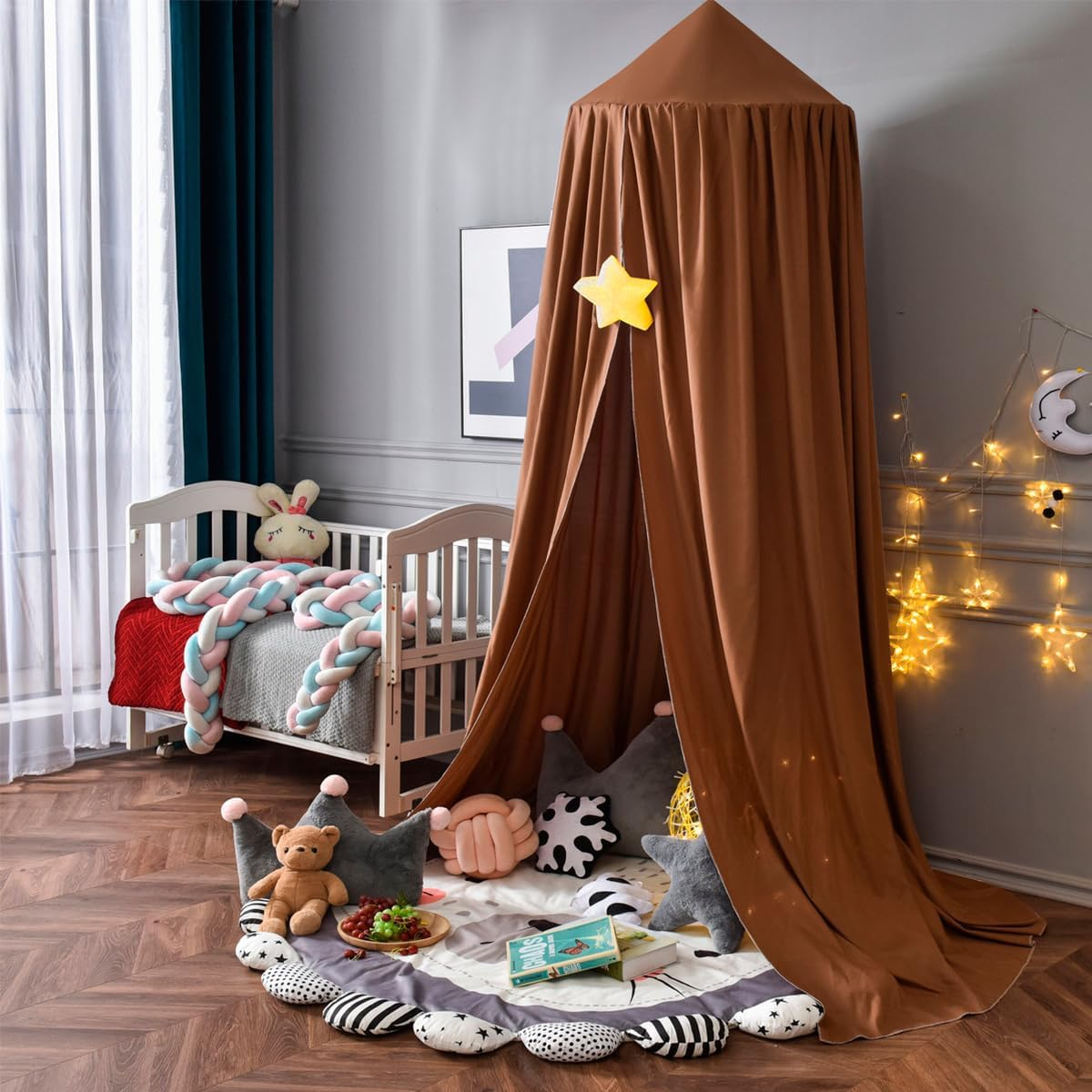Kids Bed Canopy, Princess round Dome Canopies for Girls & Adults Mosquito Net for Nursery Baby Crib Child Bed Cotton Hanging Bedding Drapes for Reading Nook Hideaway Castle Game Play Room Decor - Khaki image number 6