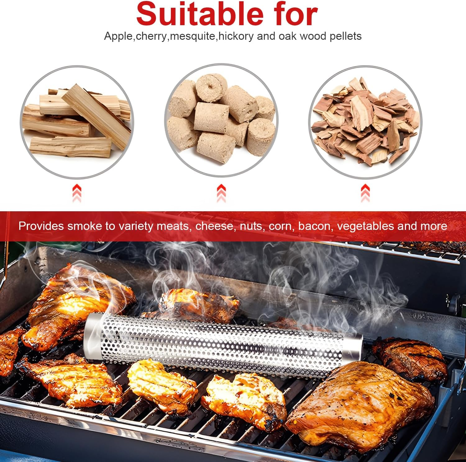 Premium Pellet Smoker Tube,Stainless Steel BBQ Wood Pellet Tube Smoker,5 Hours of Billowing Smoke - Hot or Cold Smoking,Smoker Tube with Brush and Hook for All Grill, Smoker (Silver) image number 5