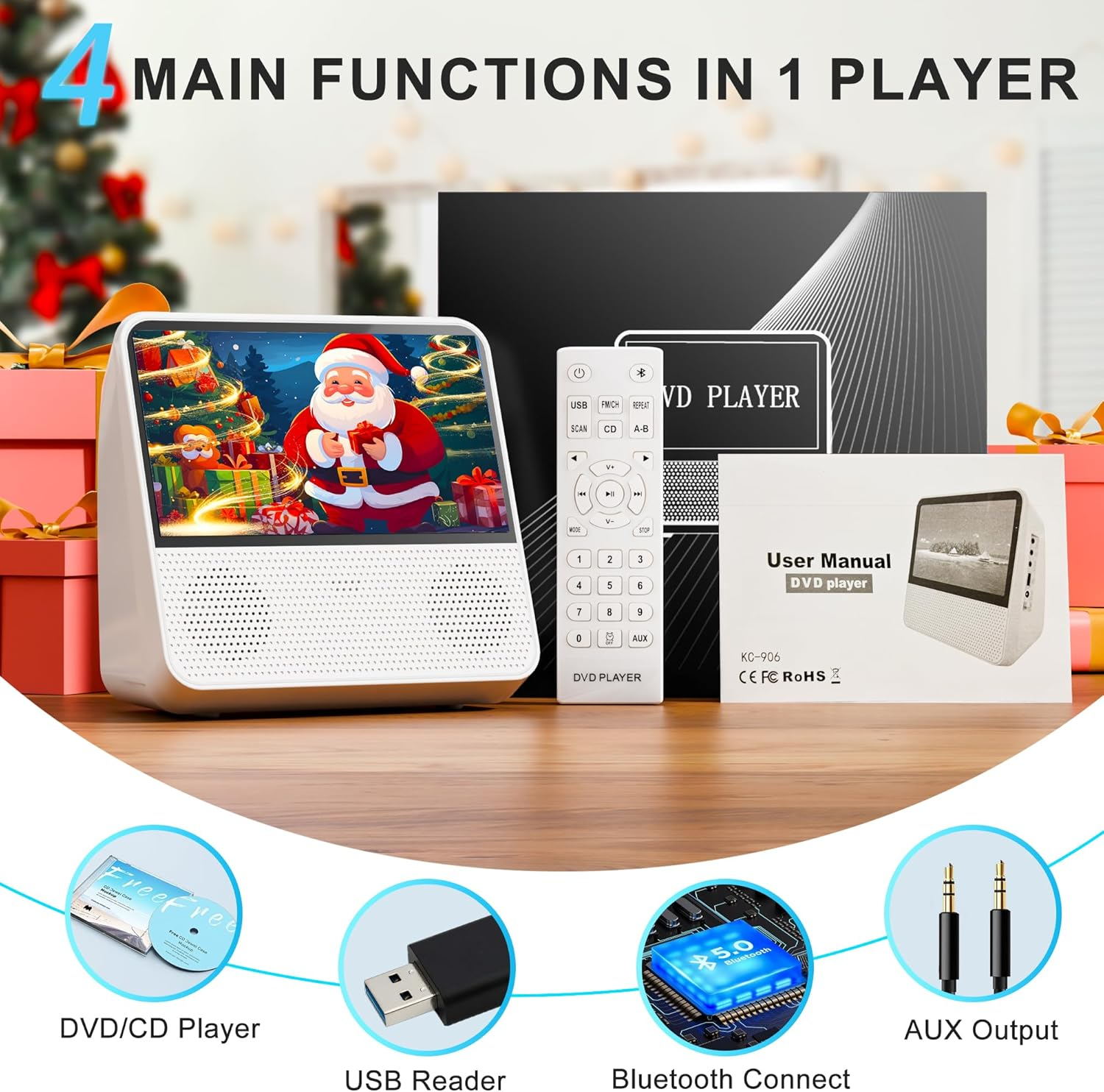 SHIWAKOTO Portable DVD Player with 7" Eye-Protective Screen, Outdoor DVD Player Built-In Rechargeable Battery, USB, AV, AUX, Bluetooth Connection, All Region Free DVD Player for Kids