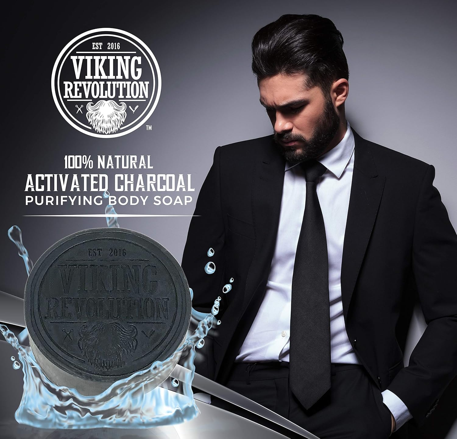 Viking Revolution Skin Cleaning Agent Activated Charcoal Soap for Men W/Dead Sea Mud, Body and Face, Cleanser,Cleansing Blackheads - Peppermint & Eucalyptus Scent 0.7 Fl Oz (Pack of 1) image number 3