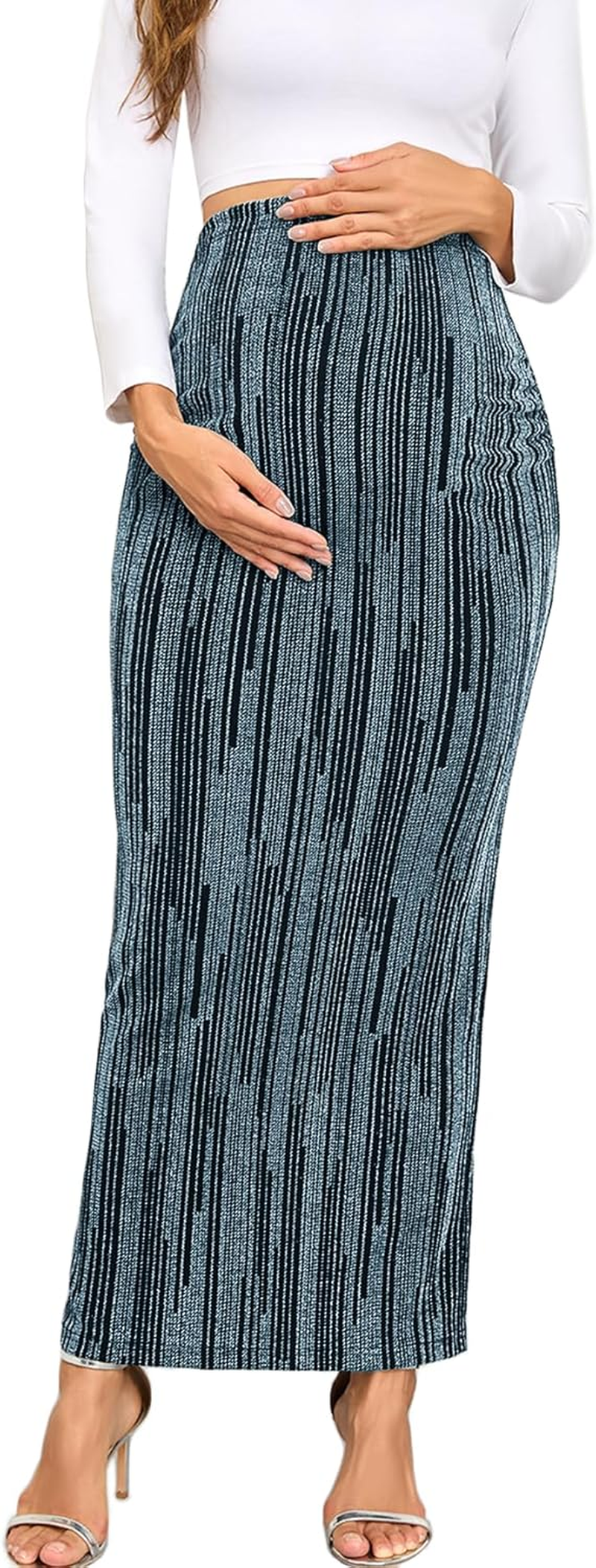 Maternity Sparkly Adjustable Waist Maxi Skirt over the Belly Stretchy Pregnancy Long Pencil Skirts