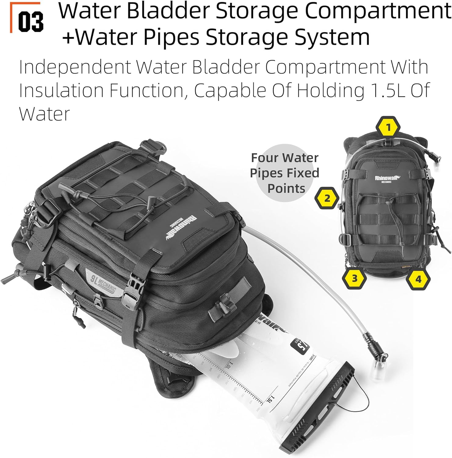 Rhinowalk Motorcycle Tank Bag Motorcycle Backpack with 1.5L Water Bladder MOLLE System Fits Honda Yamaha Suzuki Kawasaki Harley-Black