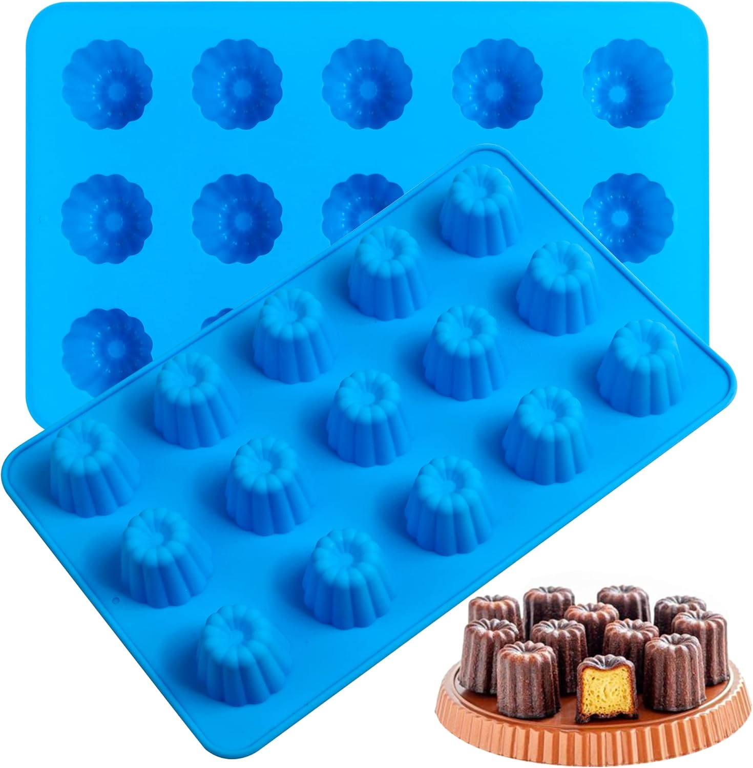 Sidosir 2Pcs Canele Mold Silicone, 15-Cavity Mini Nonstick Canele Silicone Baking Cake Pan for Bread Muffin (15-Cavity) image number 1