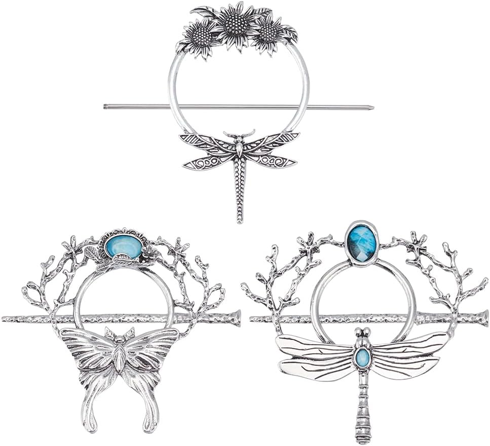 WEBEEDY 3 Styles Vintage Silver Hairpin Dragonfly Butterfly Sunflower Moon Hair Pins round Alloy Hairpin Viking Retro Barrettes for Women Long Hair Accessories,Valentine'S Day Gifts,8.7Cm image number 3