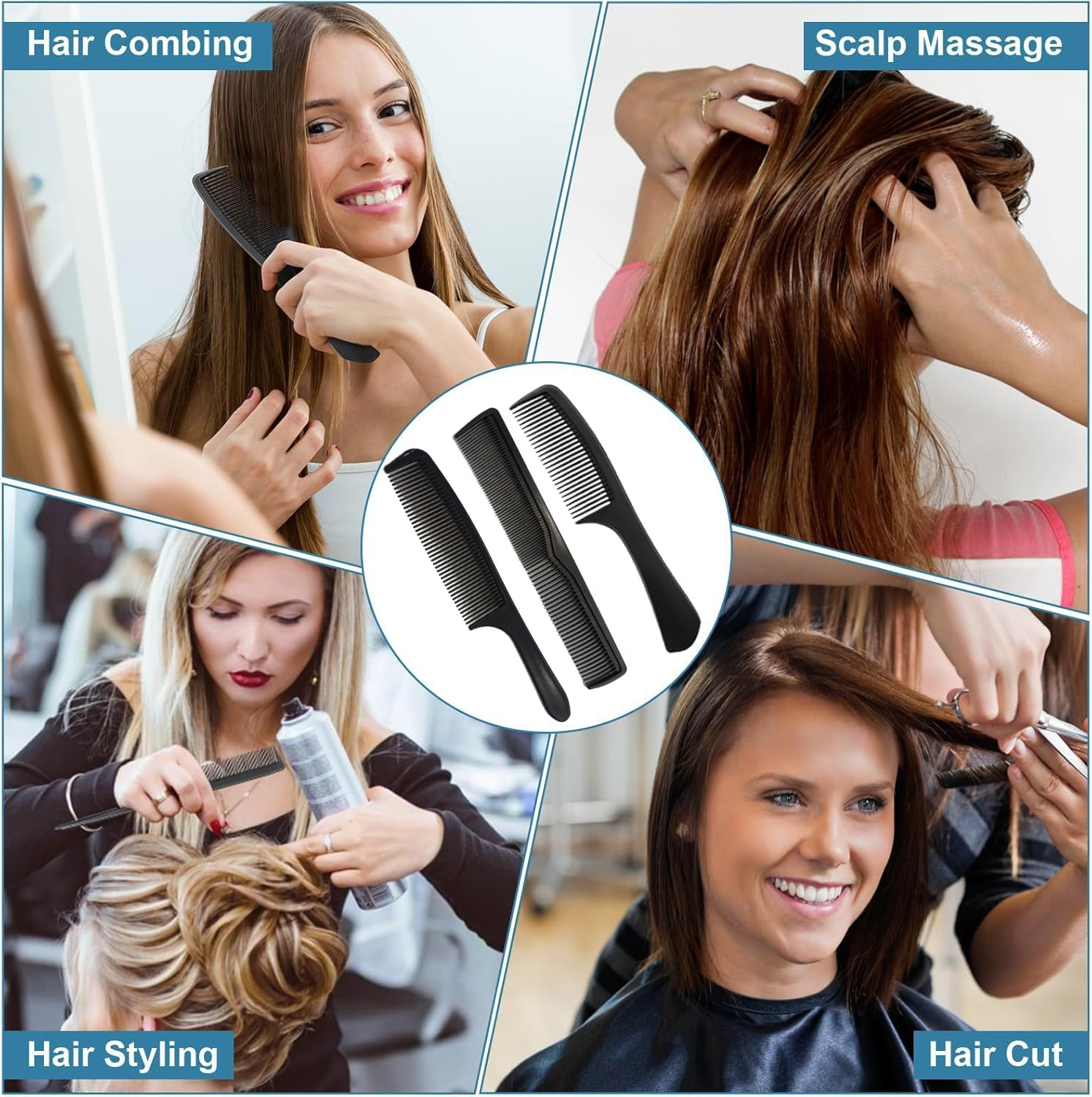 3Pcs Professional Teasing Comb, Premium Carbon Fiber Hair Comb Set for Cutting and Styling, Fine and Wide Tooth Hair Barber Combs for Women and Man (Black, One Size)