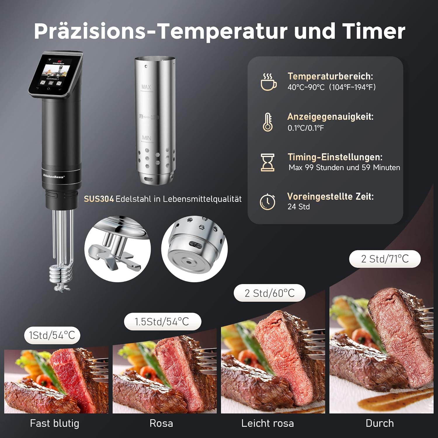 Kitchenboss Sous Vide Garer Stick WLAN: G330 Wifi Precision Cooker Precise Temperature Setting up to 90&deg;C IPX7 Waterproof TFT Touch Display Immersion Diving Ciculator 360&deg; Circulation with Timer image number 4