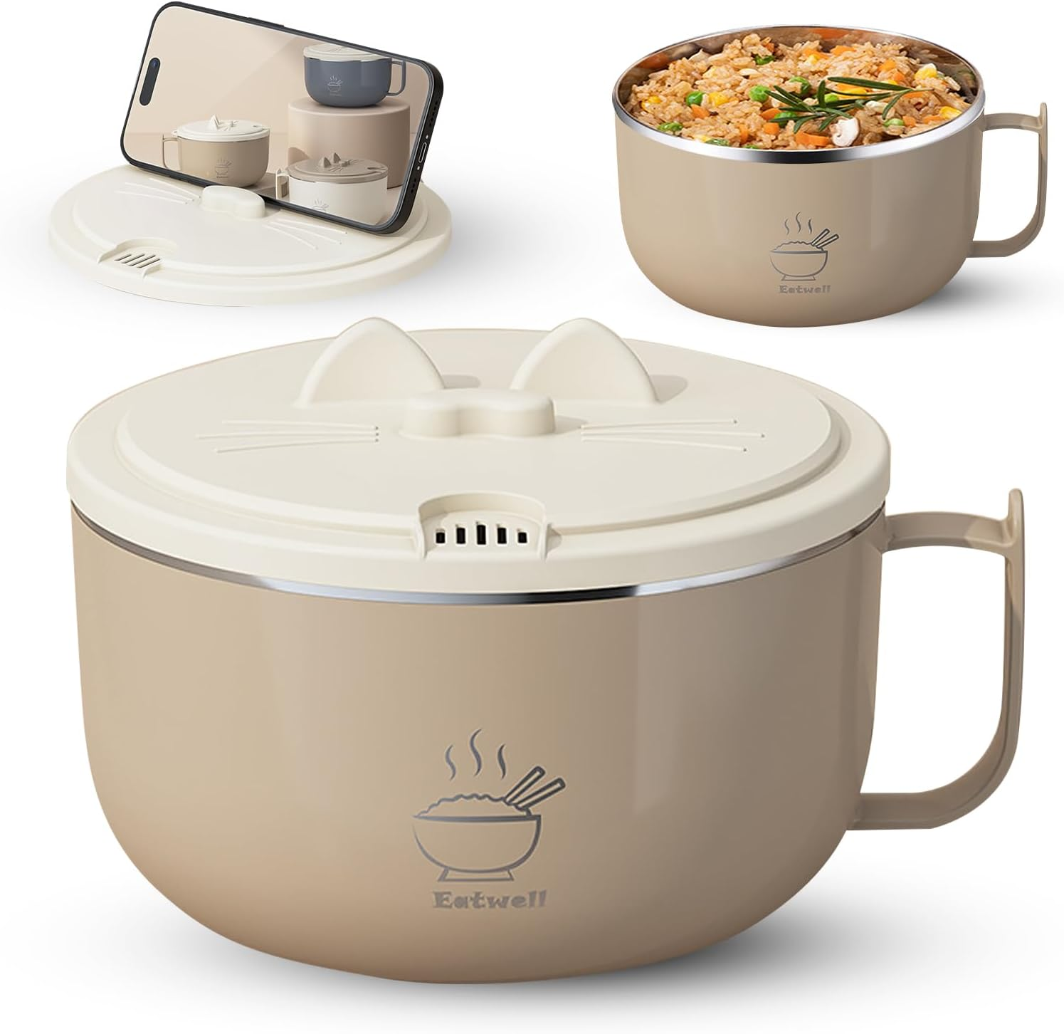 Ramen Bowl Set Noodle Bowls with Lid and Handles, Stainless-Steel Bowls with Drain Hole, Multifunctional Bowl Sets, BPA Free and Dishwasher Safe for Office College Dorm Room Instant Cooking